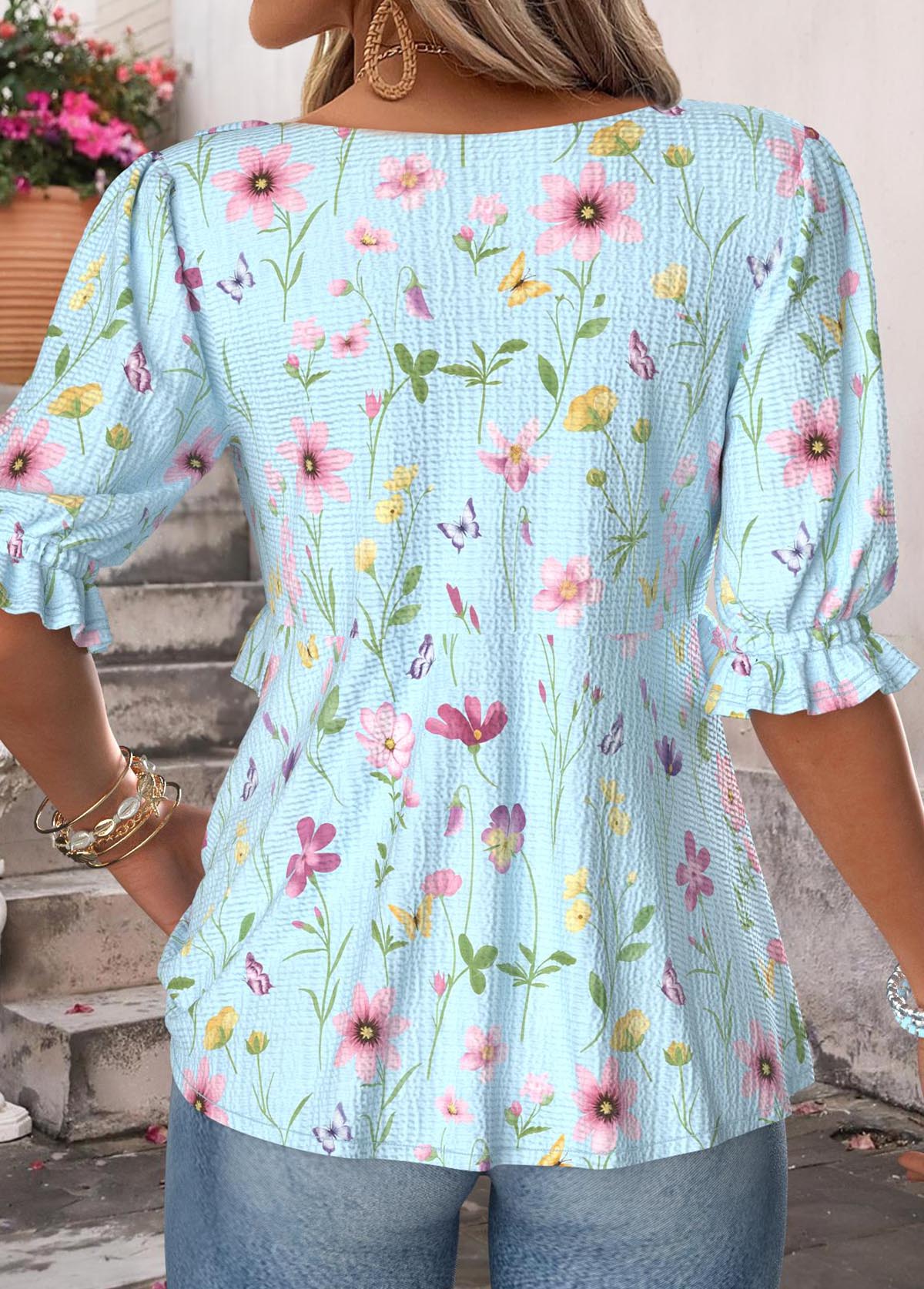 Light Blue Ruffle Floral Print Half Sleeve Blouse | picture 