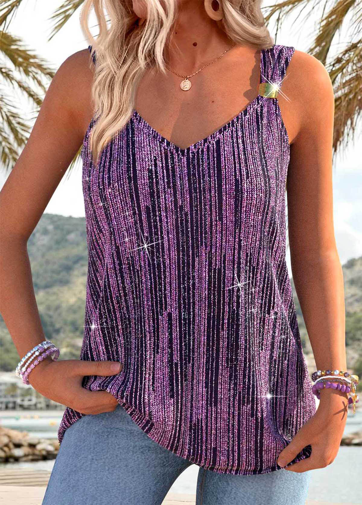 Purple Tummy Coverage Sleeveless V Neck Tank Top | picture 