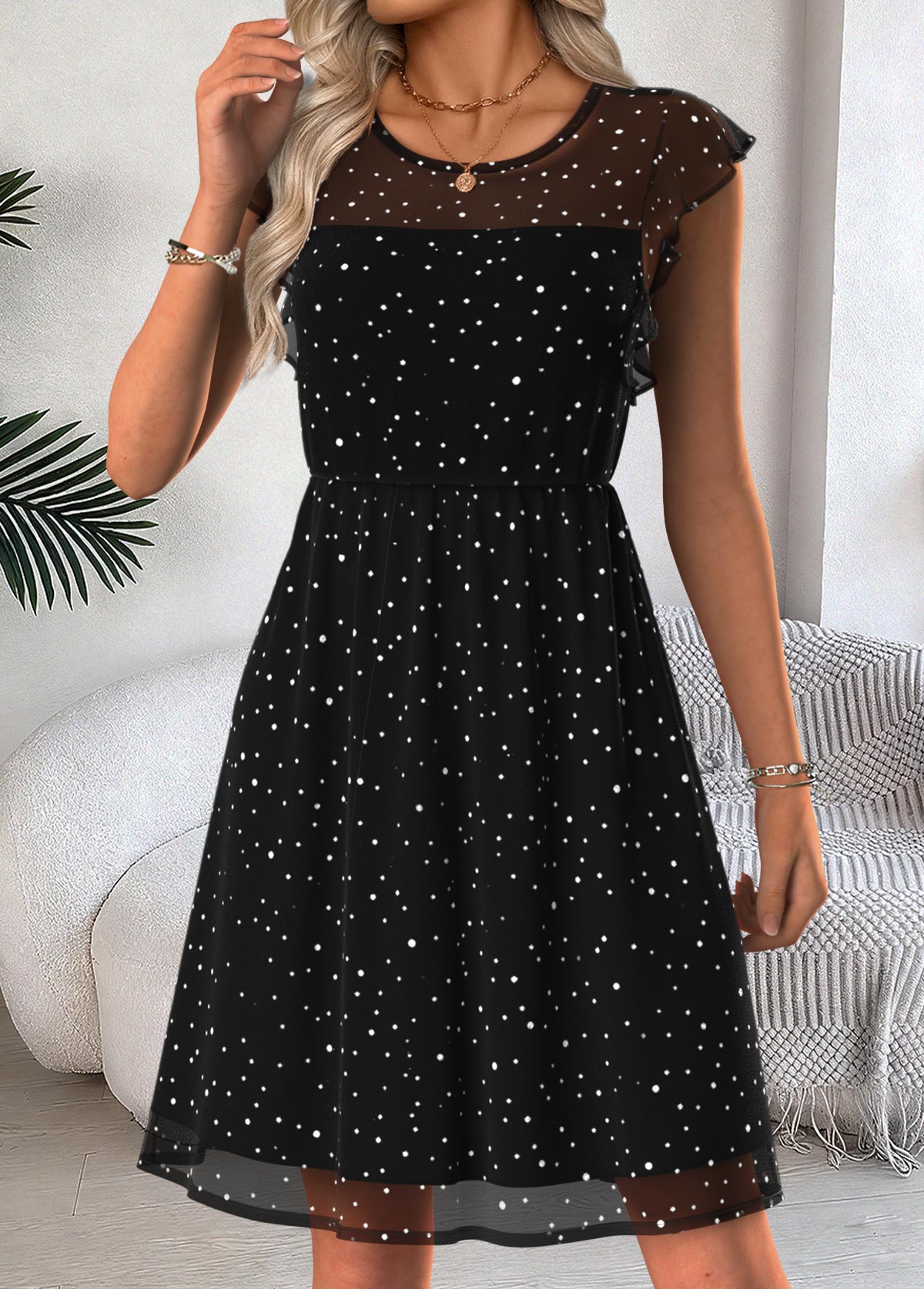 Black Tummy Coverage Short Sleeve Round Neck Dress | picture 