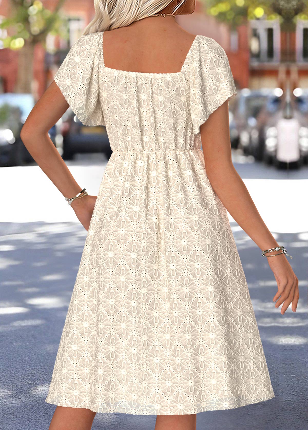 Beige Tummy Coverage Short Sleeve Square Neck Dress | picture 