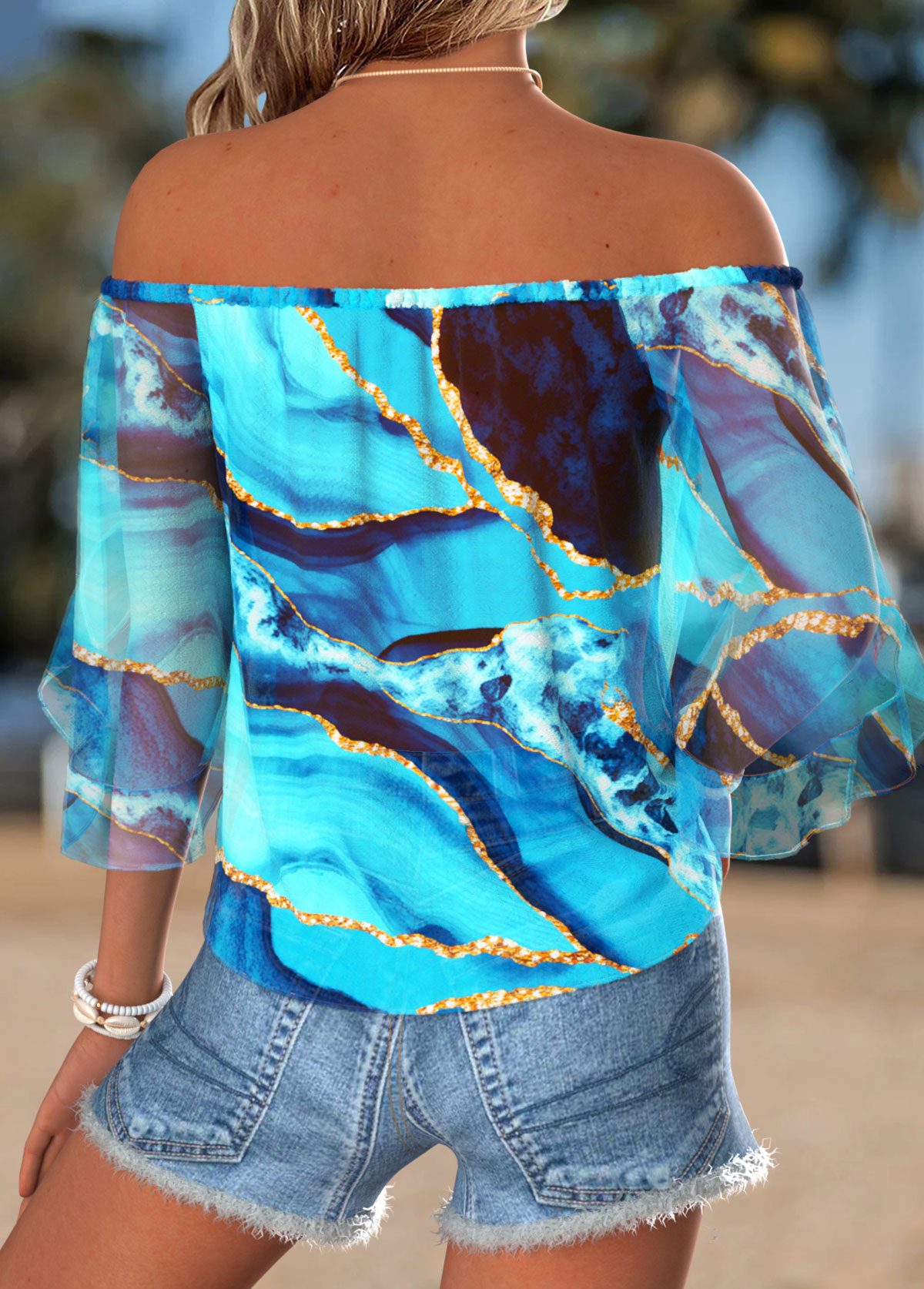 Blue Tie Ombre Half Sleeve Off Shoulder Blouse | picture 