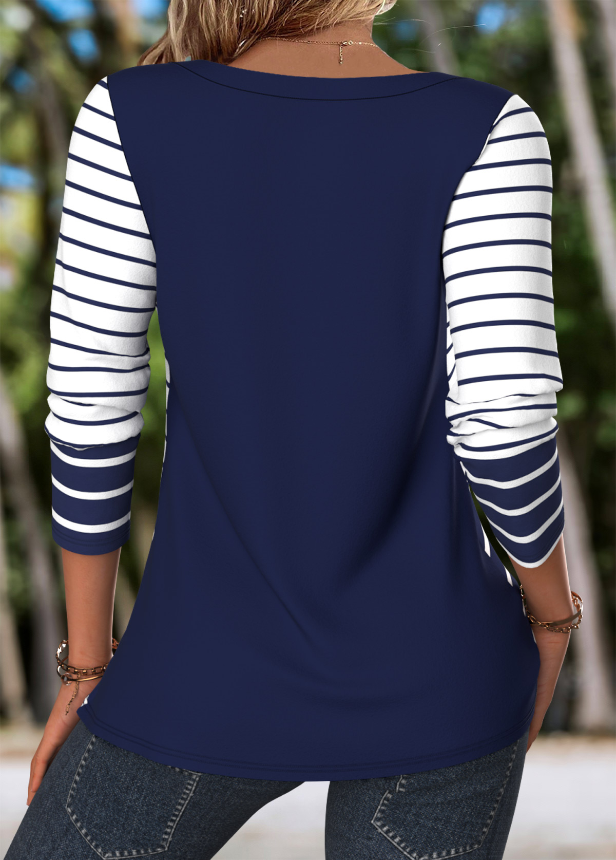 Navy Button Striped Long Sleeve V Neck T Shirt | picture 