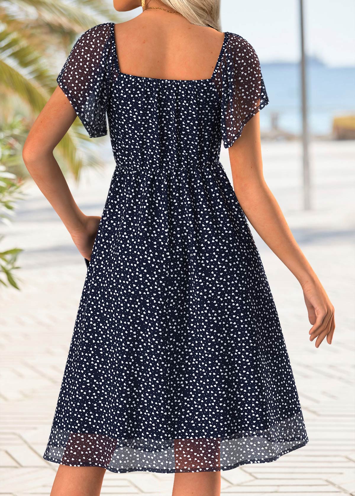 Navy Tummy Coverage Heart Print Short Sleeve Dress | picture 