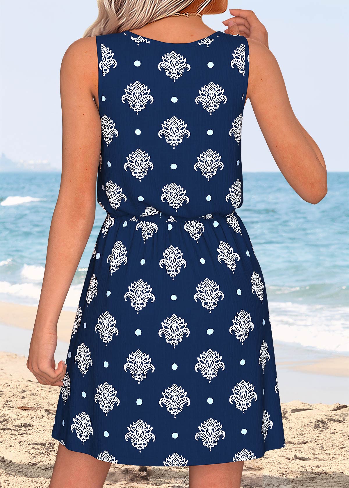 Dark Blue Tummy Coverage Tribal Print Short Sleeveless Dress | picture 