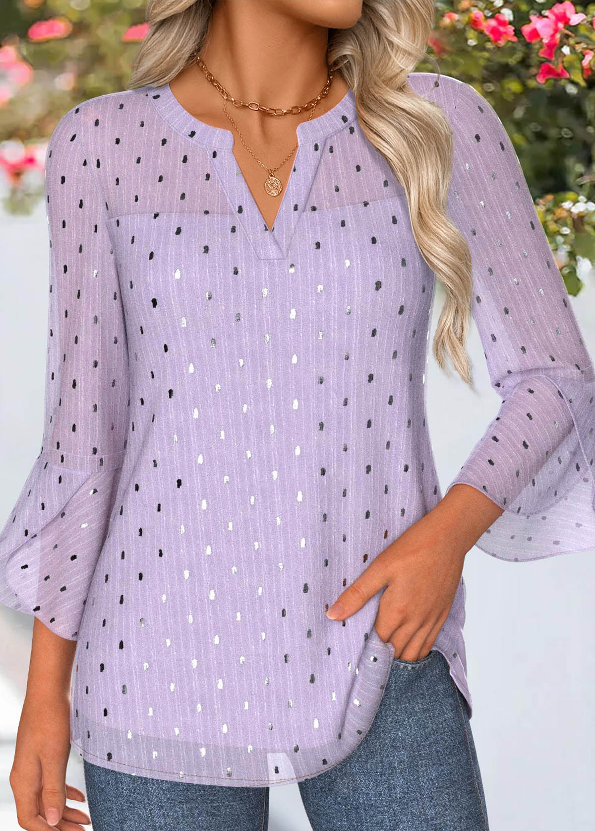 Light Purple Tummy Coverage 3/4 Sleeve Split Neck Blouse | picture 