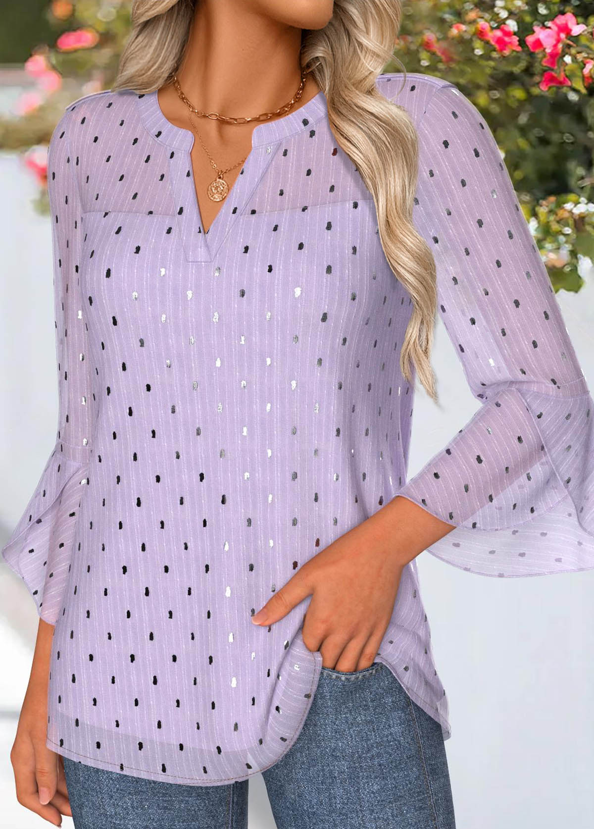 Light Purple Tummy Coverage 3/4 Sleeve Split Neck Blouse | picture 