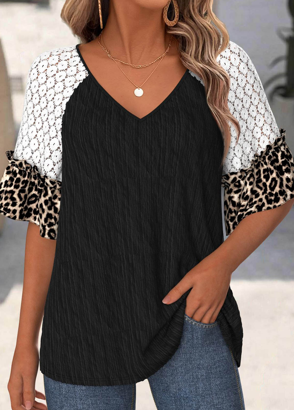 Black Tummy Coverage Leopard Half Sleeve T Shirt | picture 