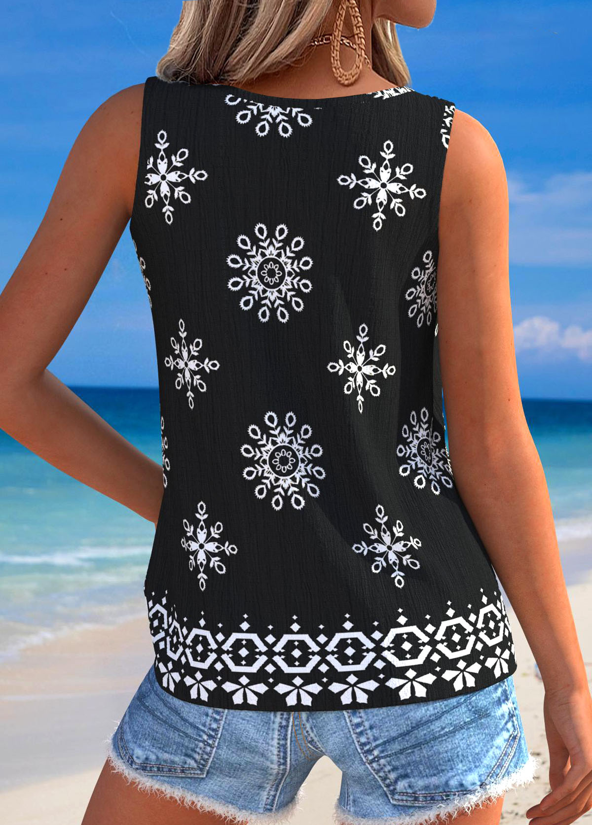 Black Tummy Coverage Tribal Print Sleeveless Tank Top | picture 