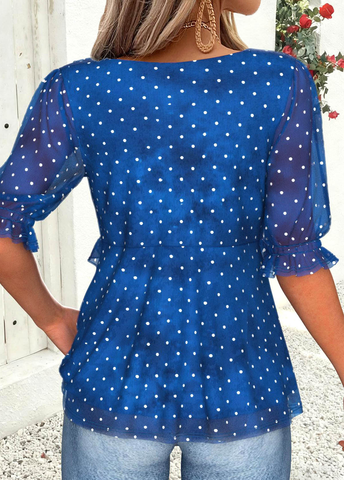 Dark Blue Peplum Polka Dot Half Sleeve Blouse | picture 