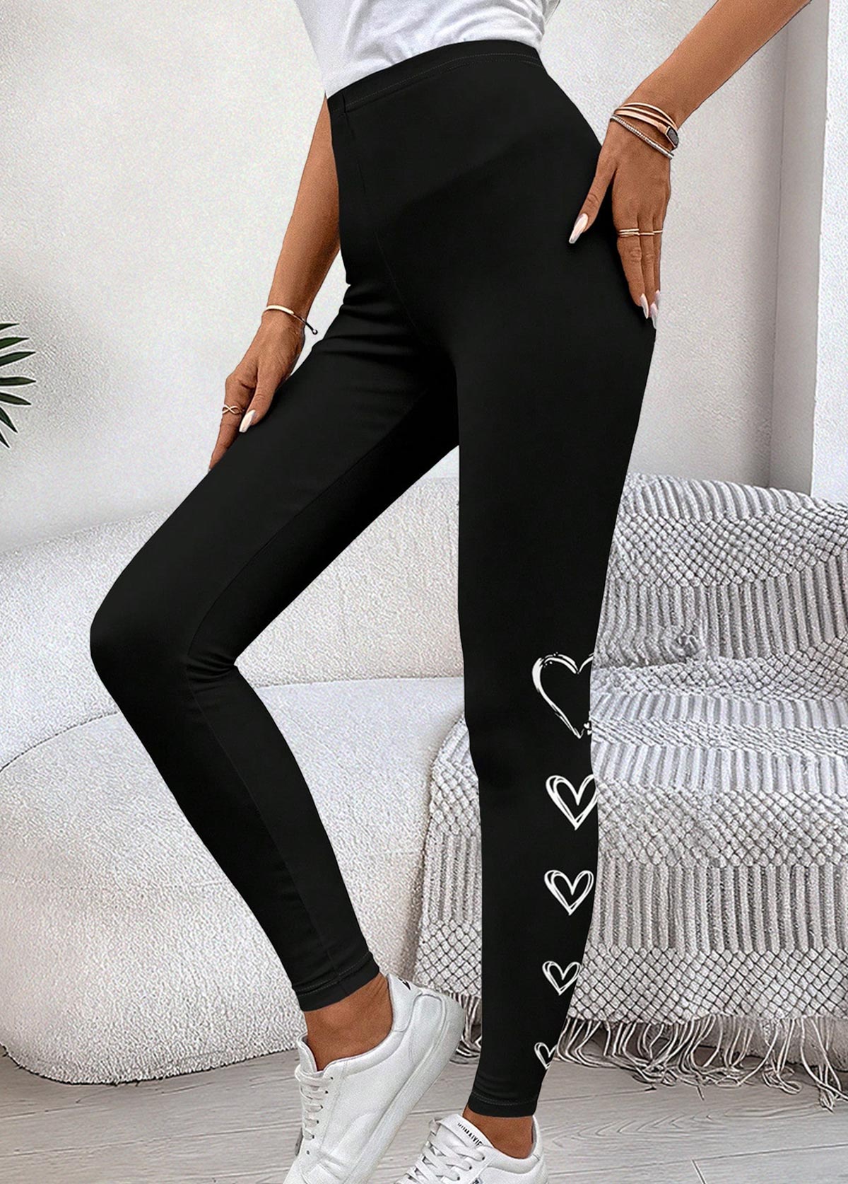 Black Heart Print High Waisted Ankle Length Leggings | picture 