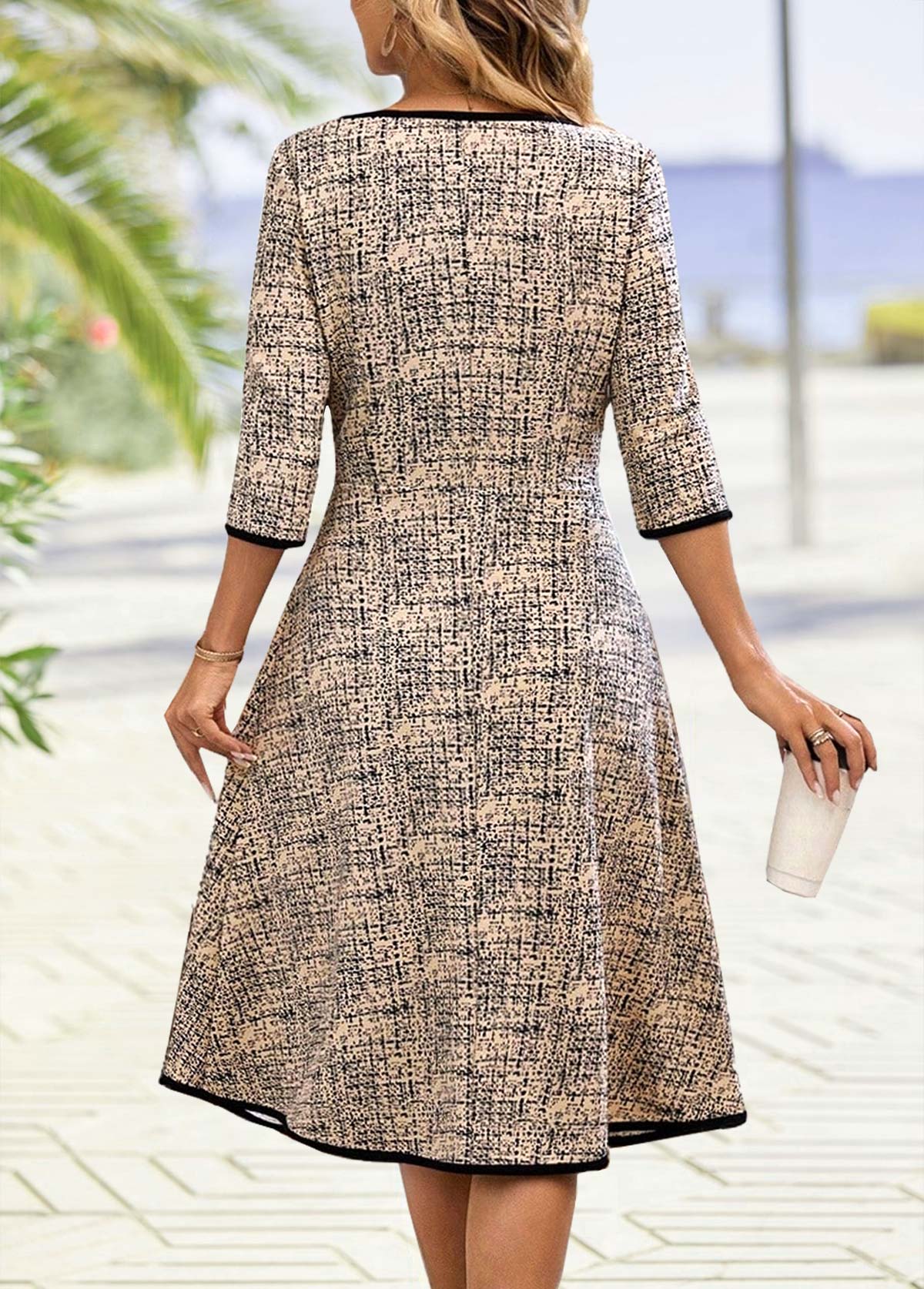 Light Camel Tummy Coverage 3/4 Sleeve Round Neck Dress | picture 