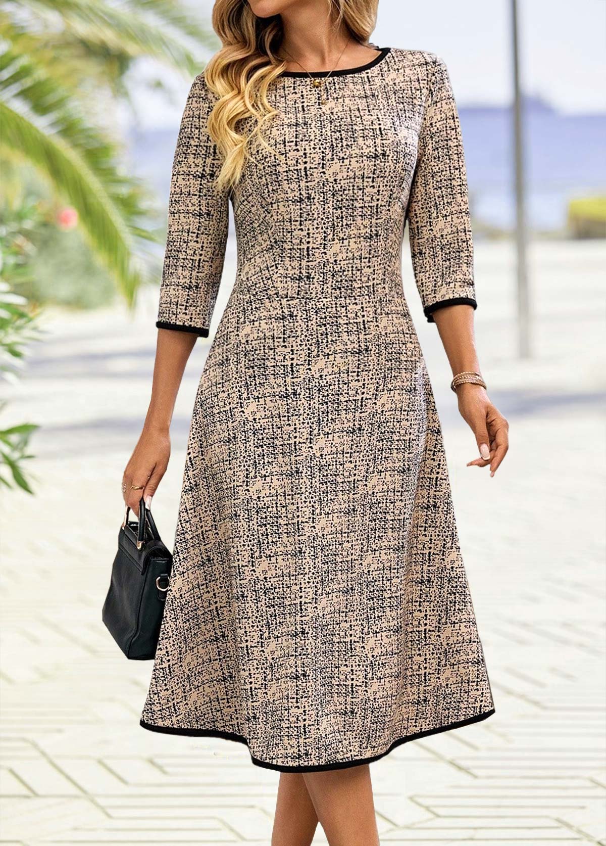 Light Camel Tummy Coverage 3/4 Sleeve Round Neck Dress | picture 