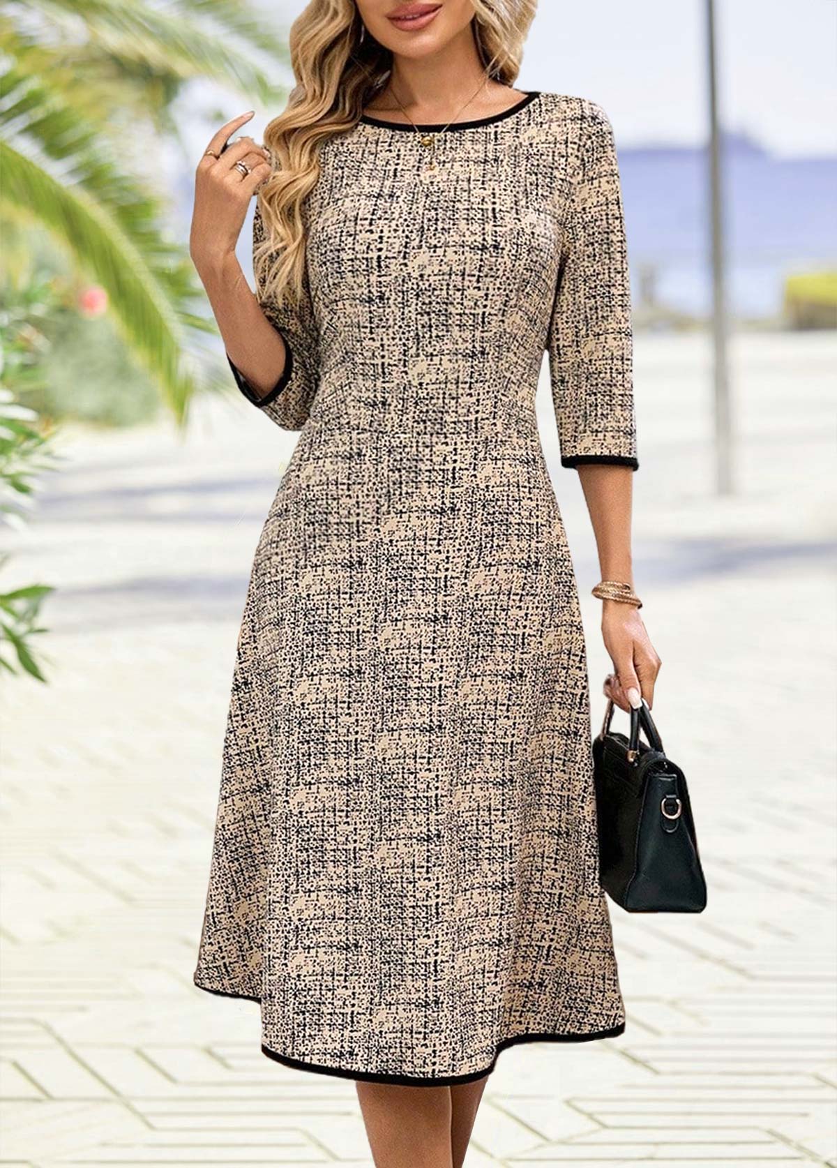 Light Camel Tummy Coverage 3/4 Sleeve Round Neck Dress | picture 