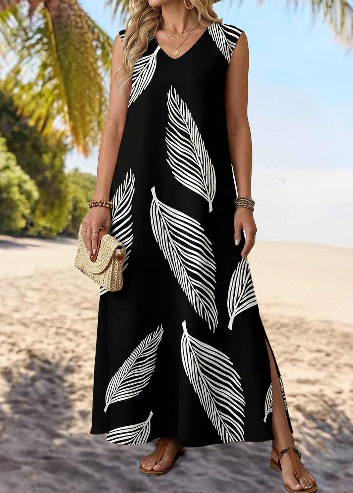 Black Split Leaf Print Maxi Sleeveless V Neck Dress | picture 