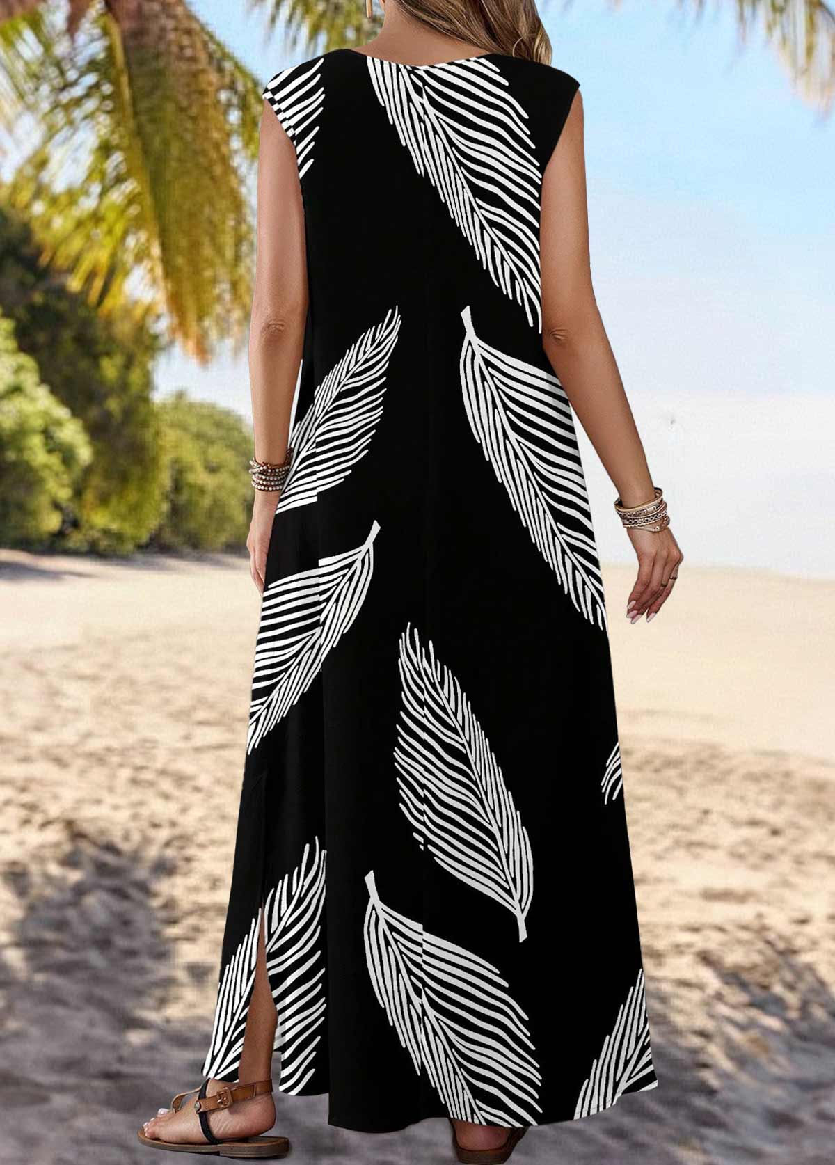 Black Split Leaf Print Maxi Sleeveless V Neck Dress | picture 