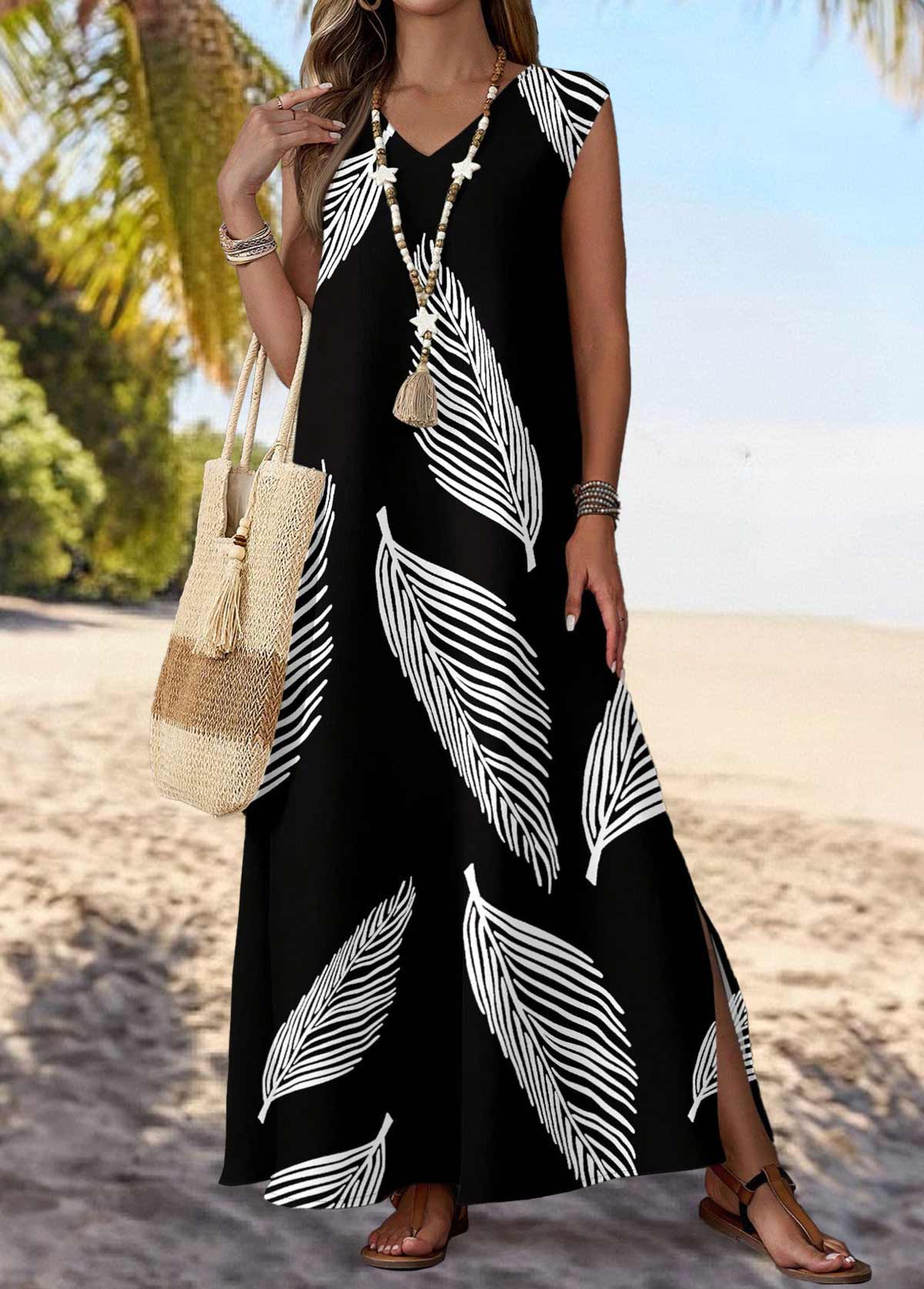 Black Split Leaf Print Maxi Sleeveless V Neck Dress | picture 