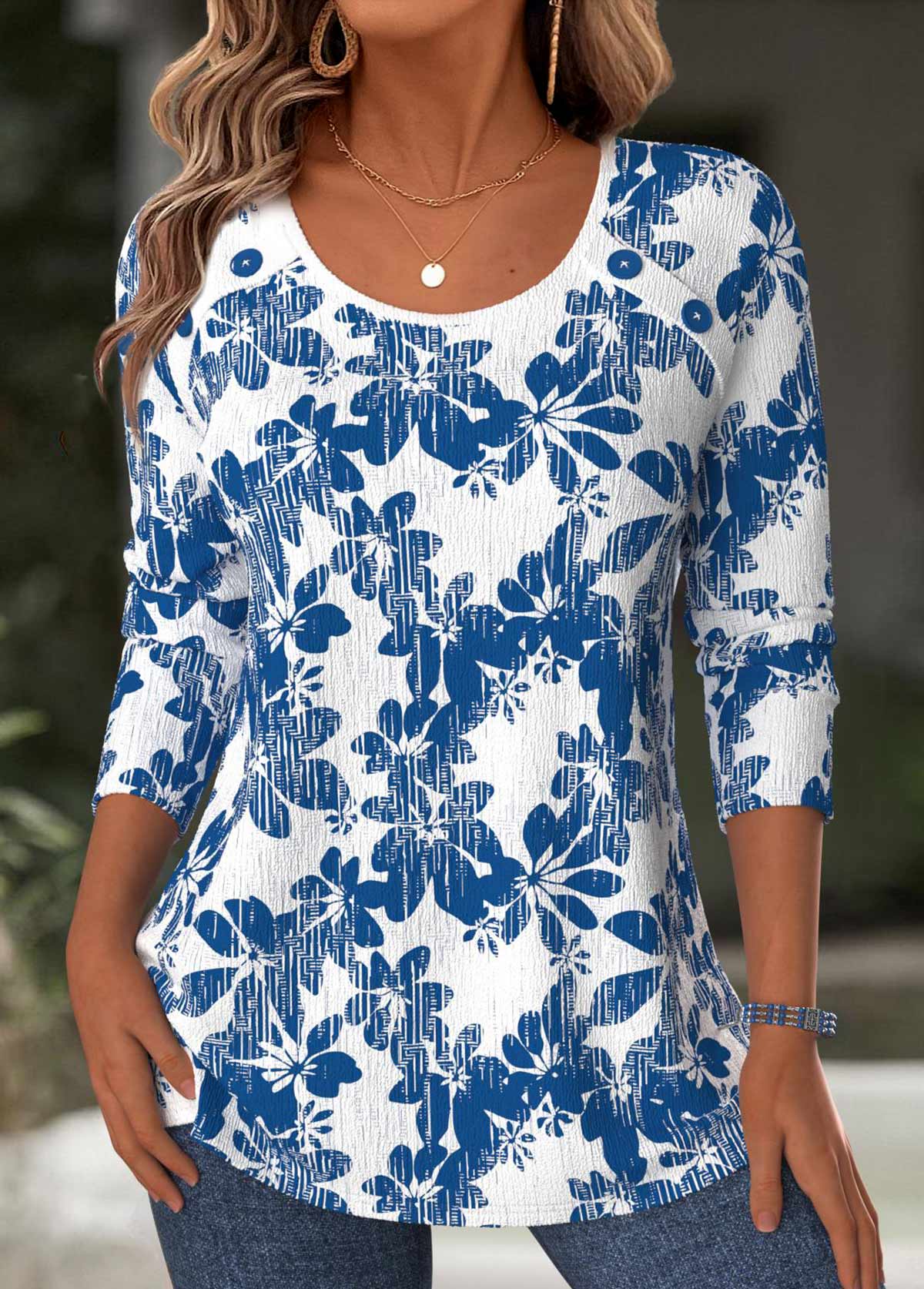 Blue Tummy Coverage Leaf Print Long Sleeve T Shirt | picture 