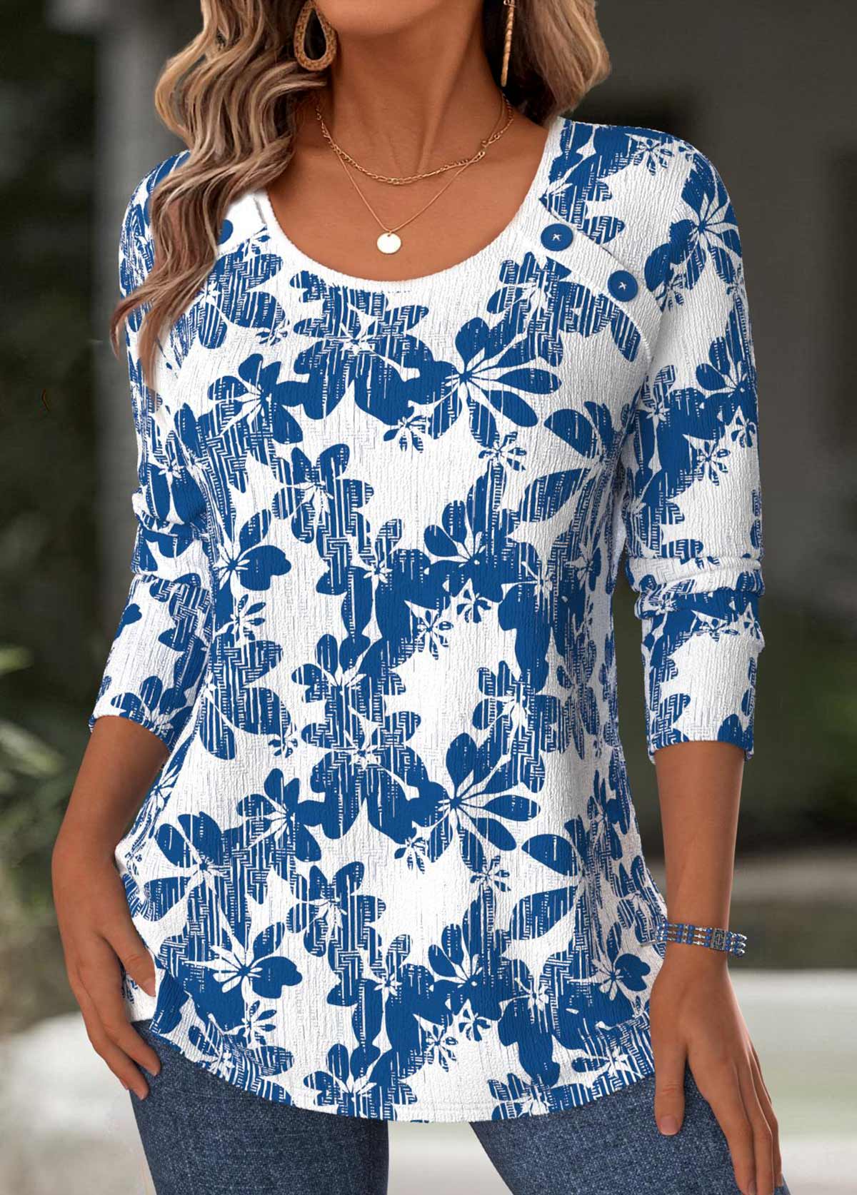 Blue Tummy Coverage Leaf Print Long Sleeve T Shirt | picture 
