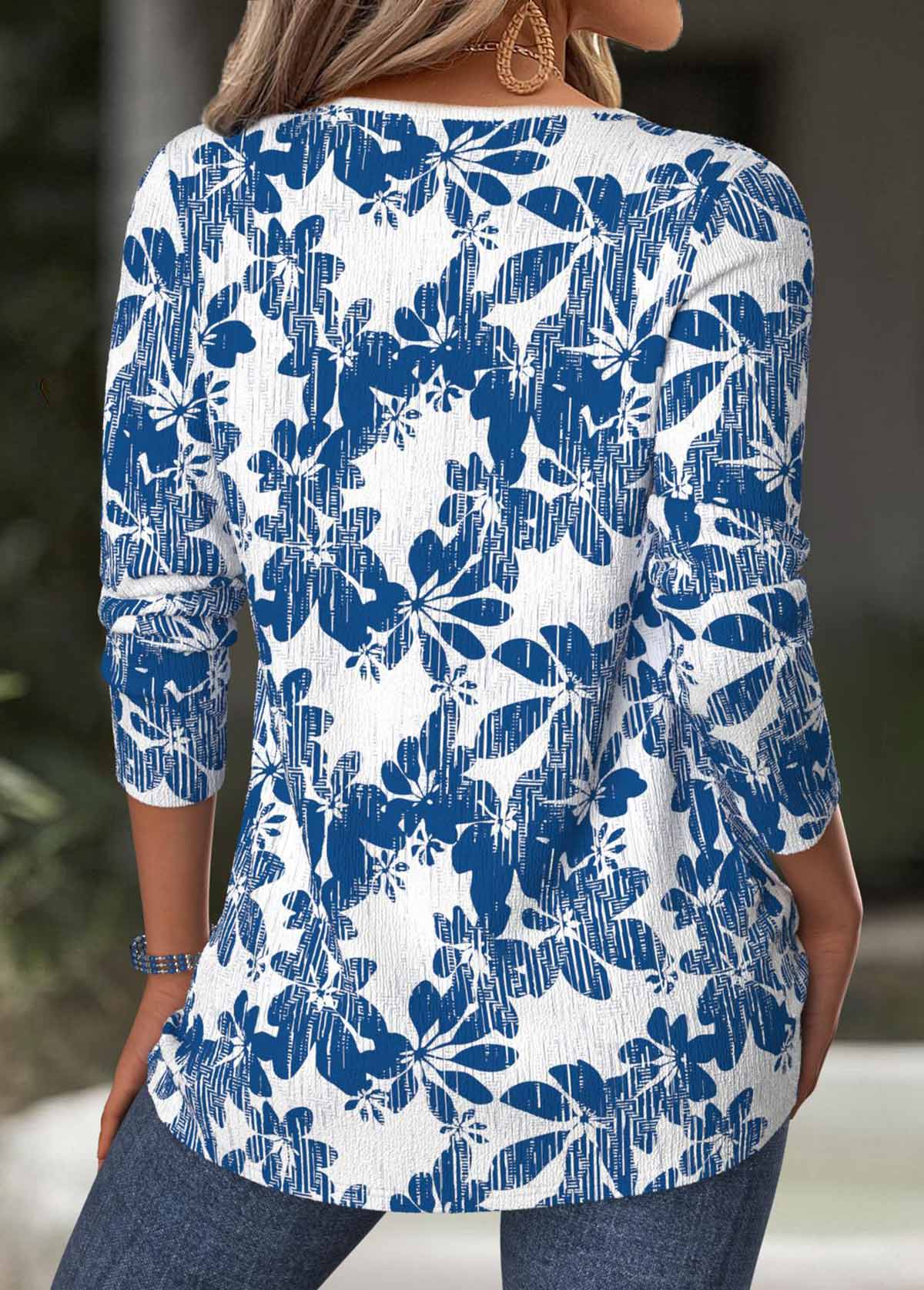 Blue Tummy Coverage Leaf Print Long Sleeve T Shirt | picture 