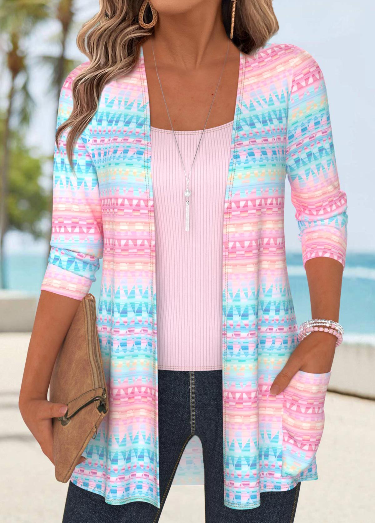 Multi Color Tummy Coverage Geometric Print 3/4 Sleeve Coat | picture 