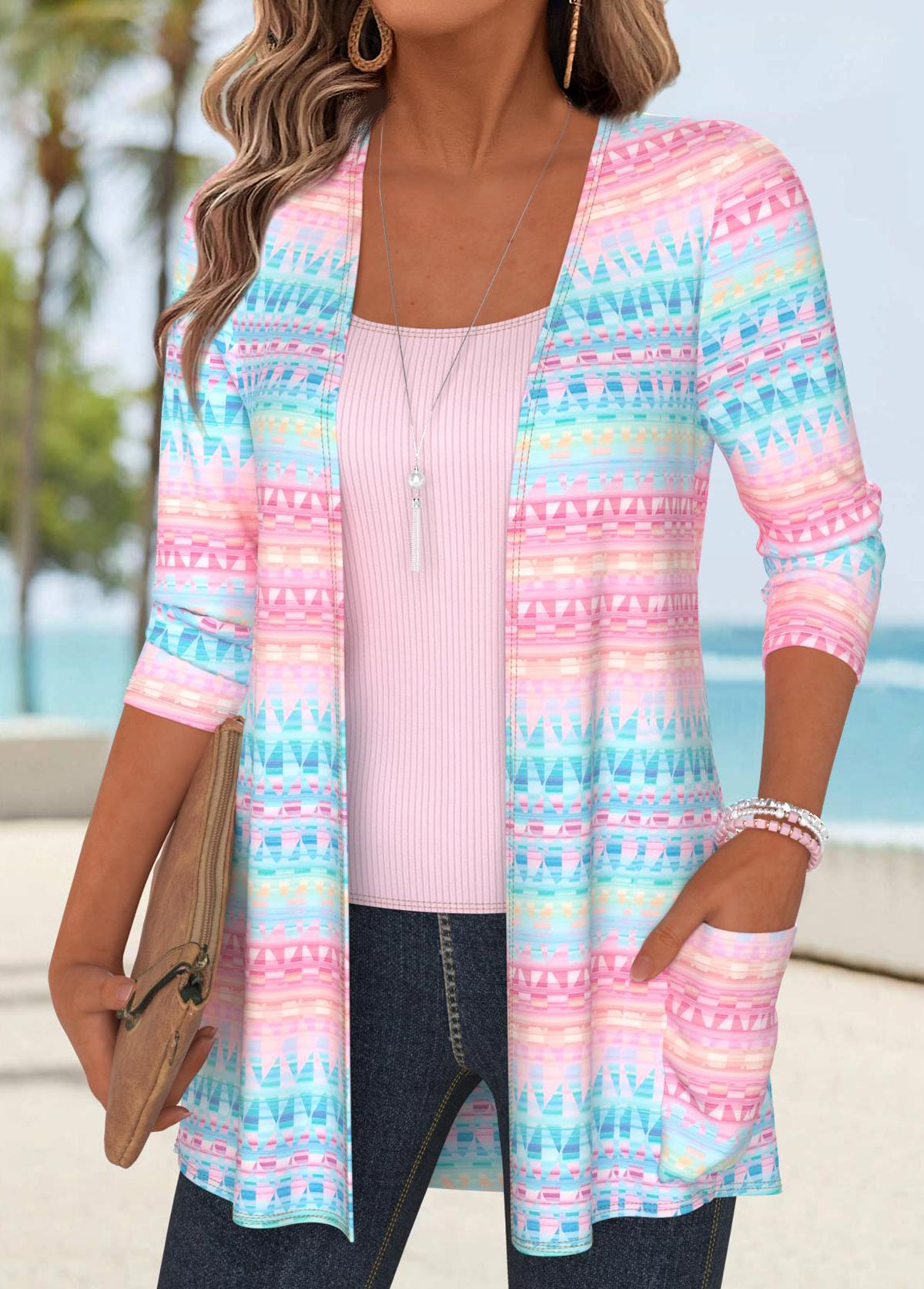 Multi Color Tummy Coverage Geometric Print 3/4 Sleeve Coat | picture 