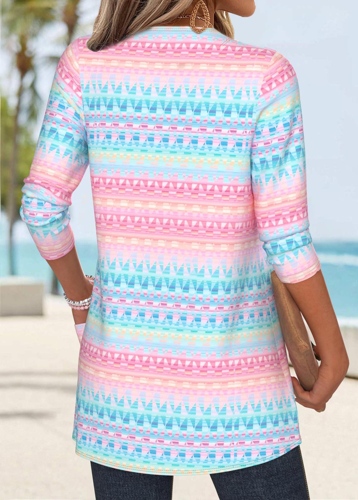 Multi Color Tummy Coverage Geometric Print 3/4 Sleeve Coat | picture 