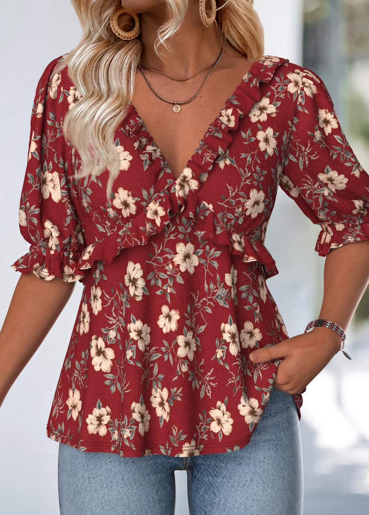 Wine Red Tummy Coverage Floral Print Half Sleeve Blouse | picture 