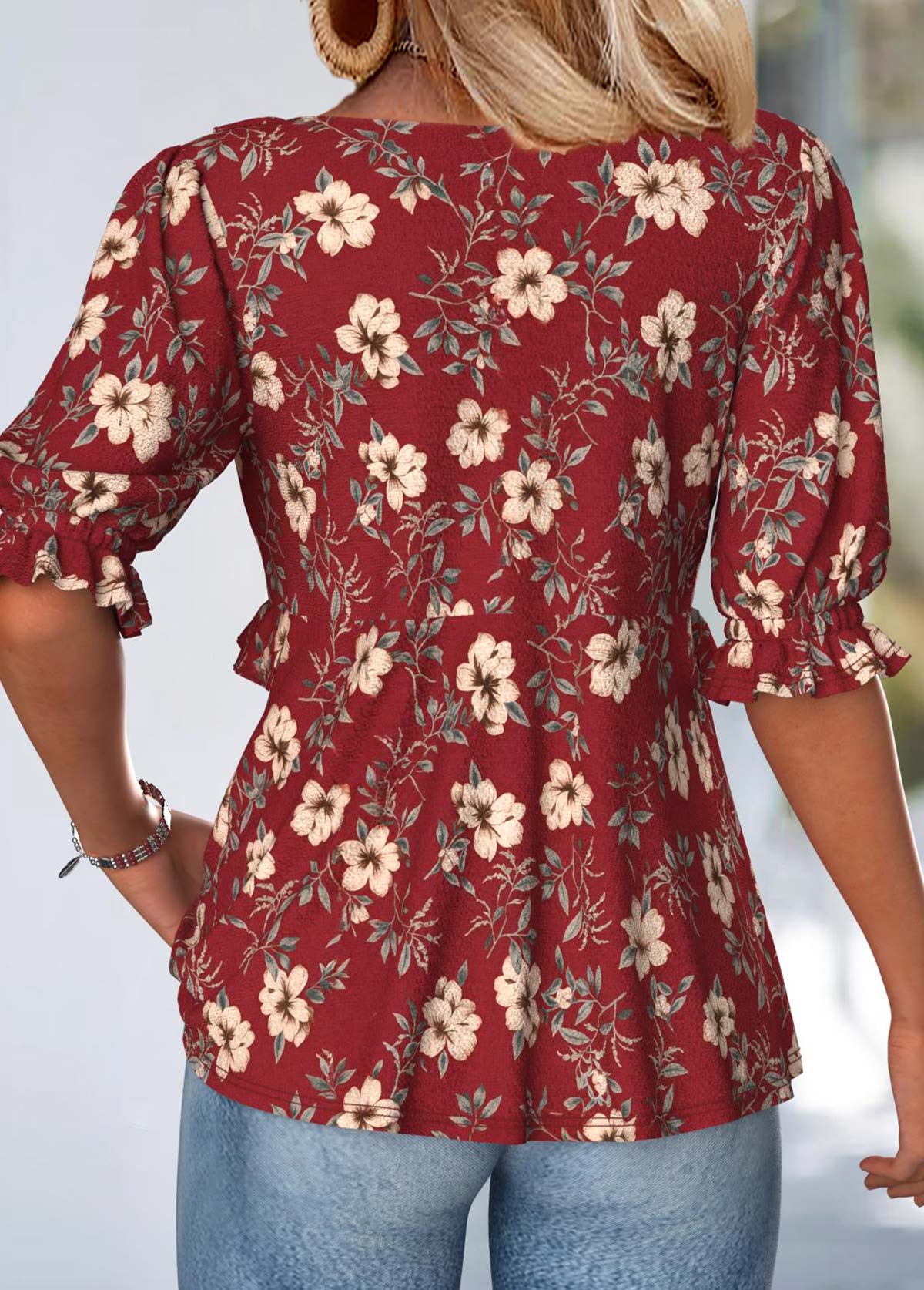 Wine Red Tummy Coverage Floral Print Half Sleeve Blouse | picture 