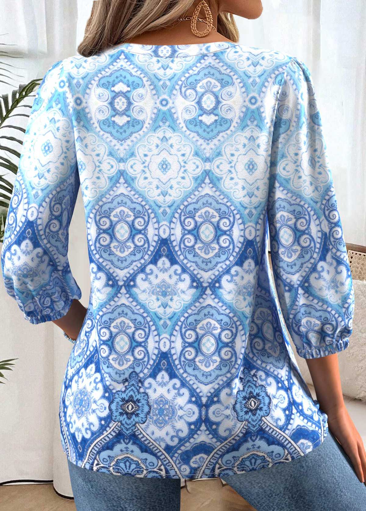 Blue Tummy Coverage Tribal Print 3/4 Sleeve Blouse | picture 