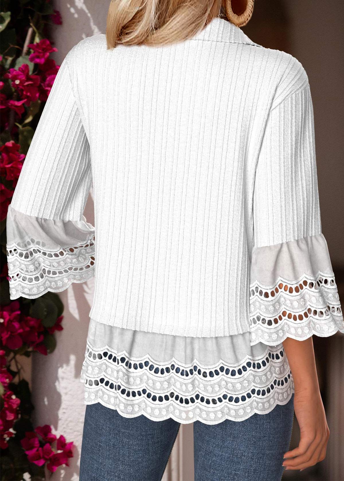 White Tummy Coverage 3/4 Sleeve Turn Down Collar Shirt | picture 