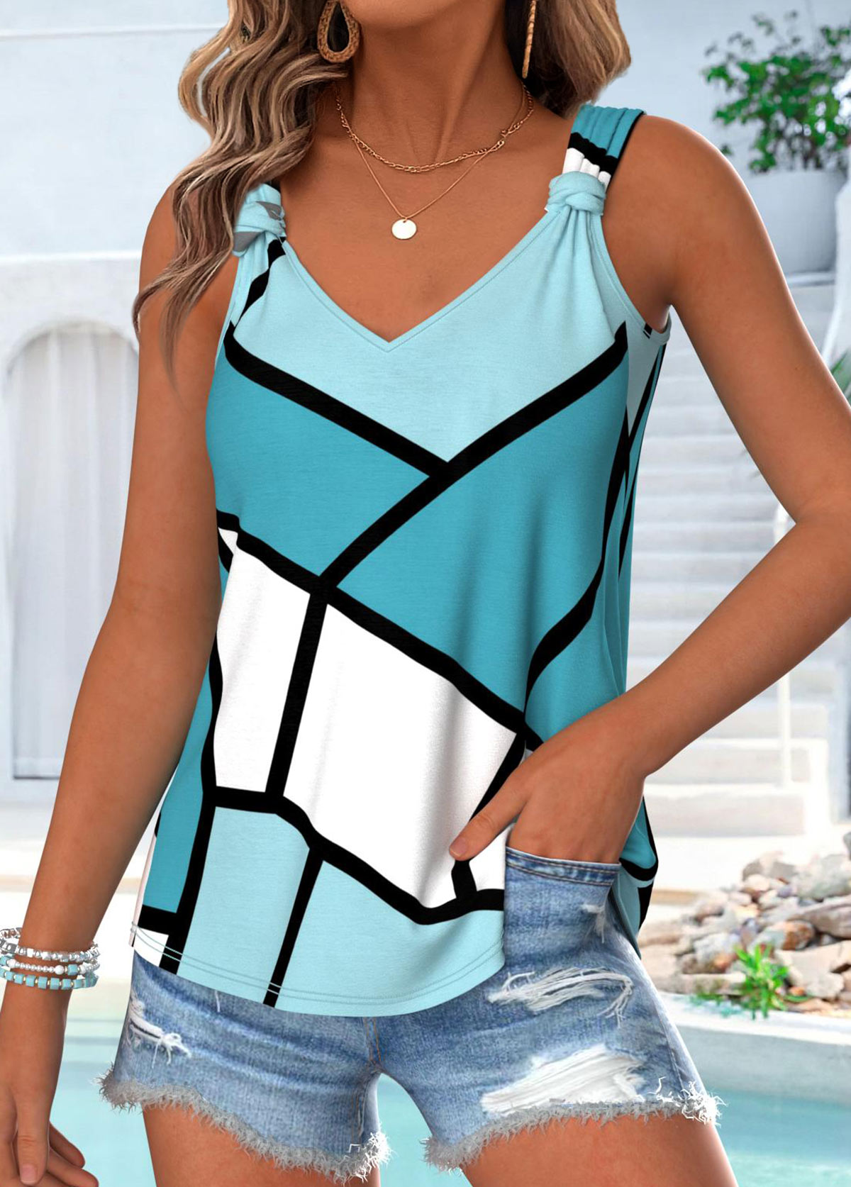 Cyan Tummy Coverage Geometric Print Sleeveless Camisole Top | picture 
