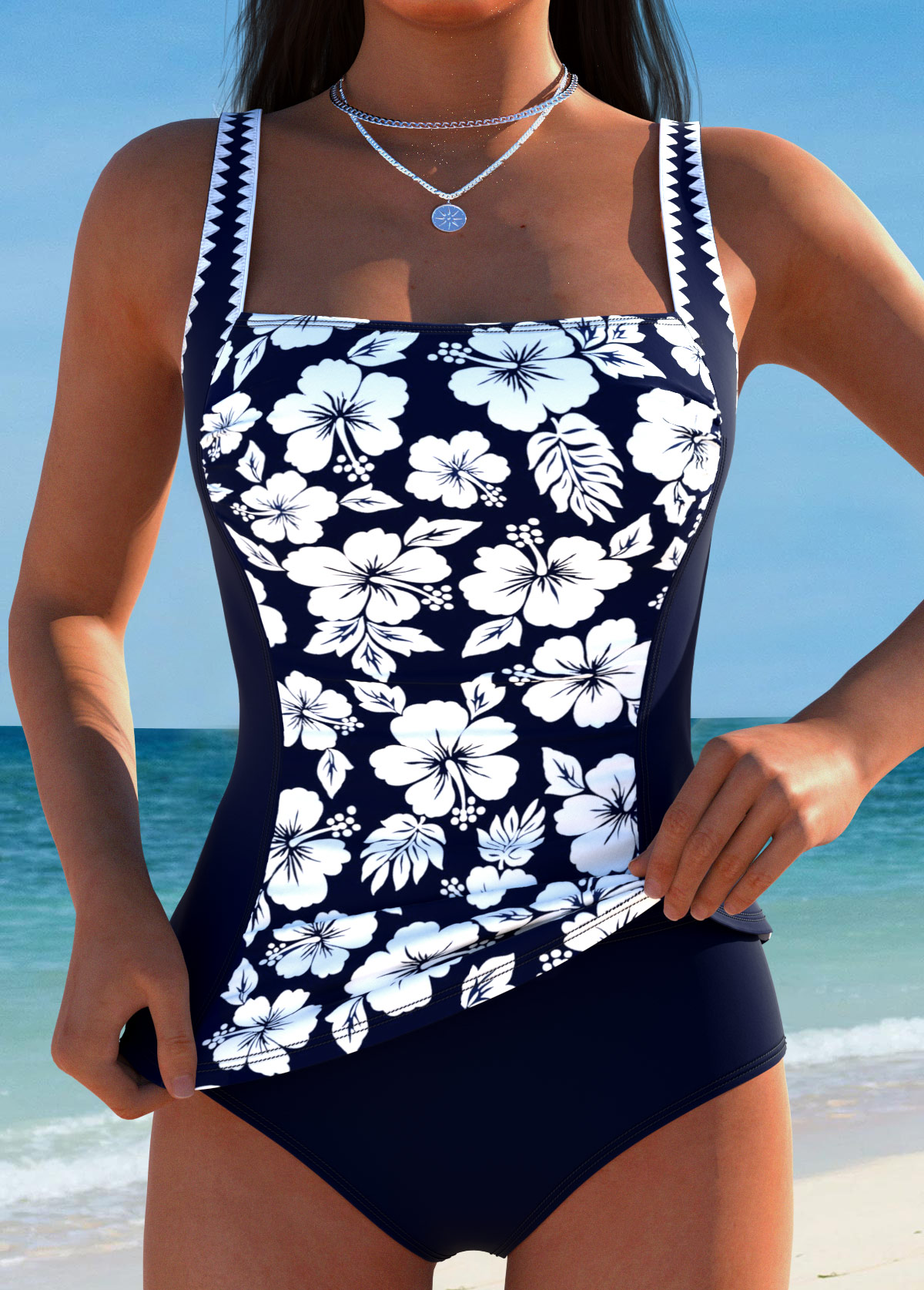 Tummy Coverage Mid Waisted Floral Print Navy Tankini Set | picture 