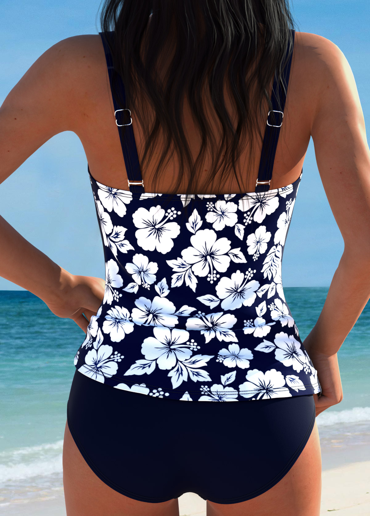 Tummy Coverage Mid Waisted Floral Print Navy Tankini Set | picture 