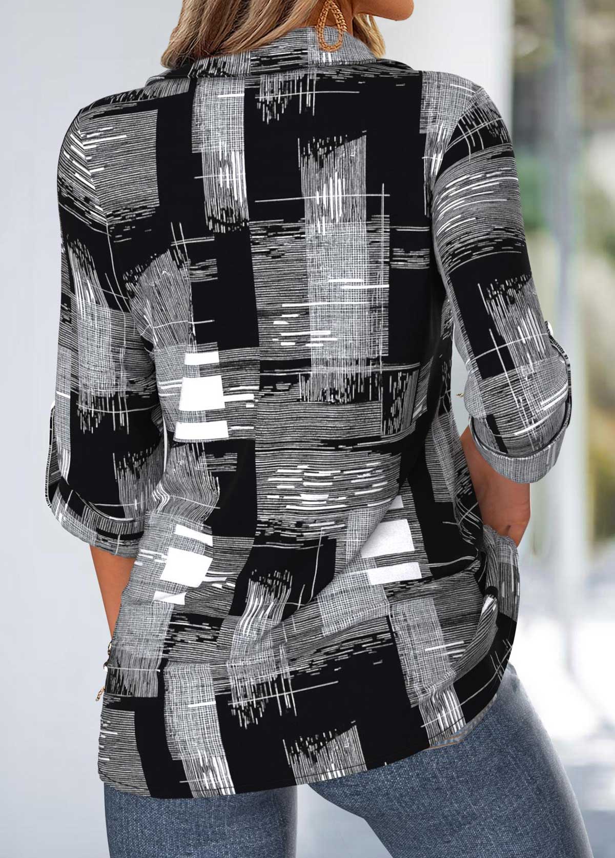 Black Tummy Coverage Geometric Print 3/4 Sleeve Shirt | picture 