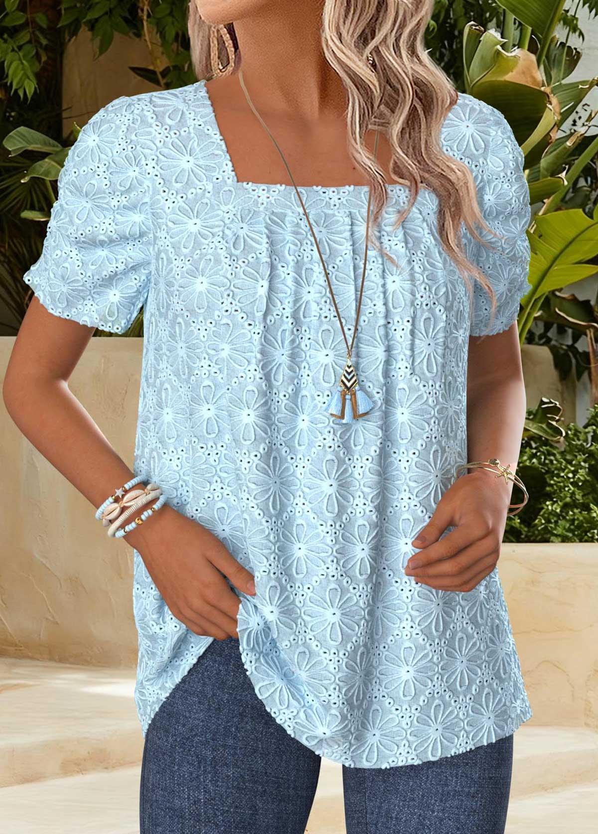 Light Blue Tummy Coverage Short Sleeve Square Neck Blouse | picture 