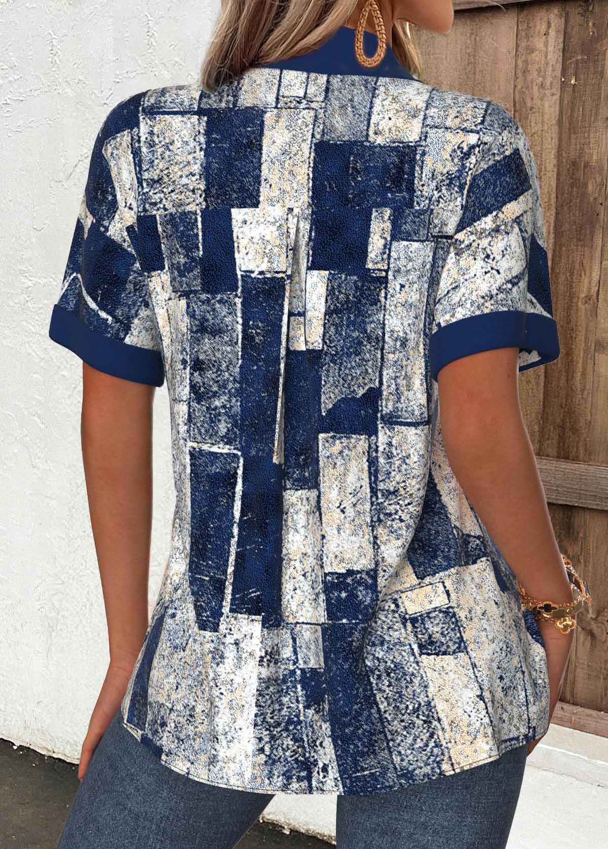 Navy Tummy Coverage Geometric Print Short Sleeve Shirt | picture 