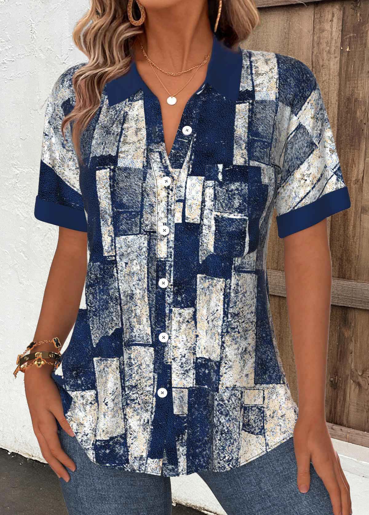 Navy Tummy Coverage Geometric Print Short Sleeve Shirt | picture 