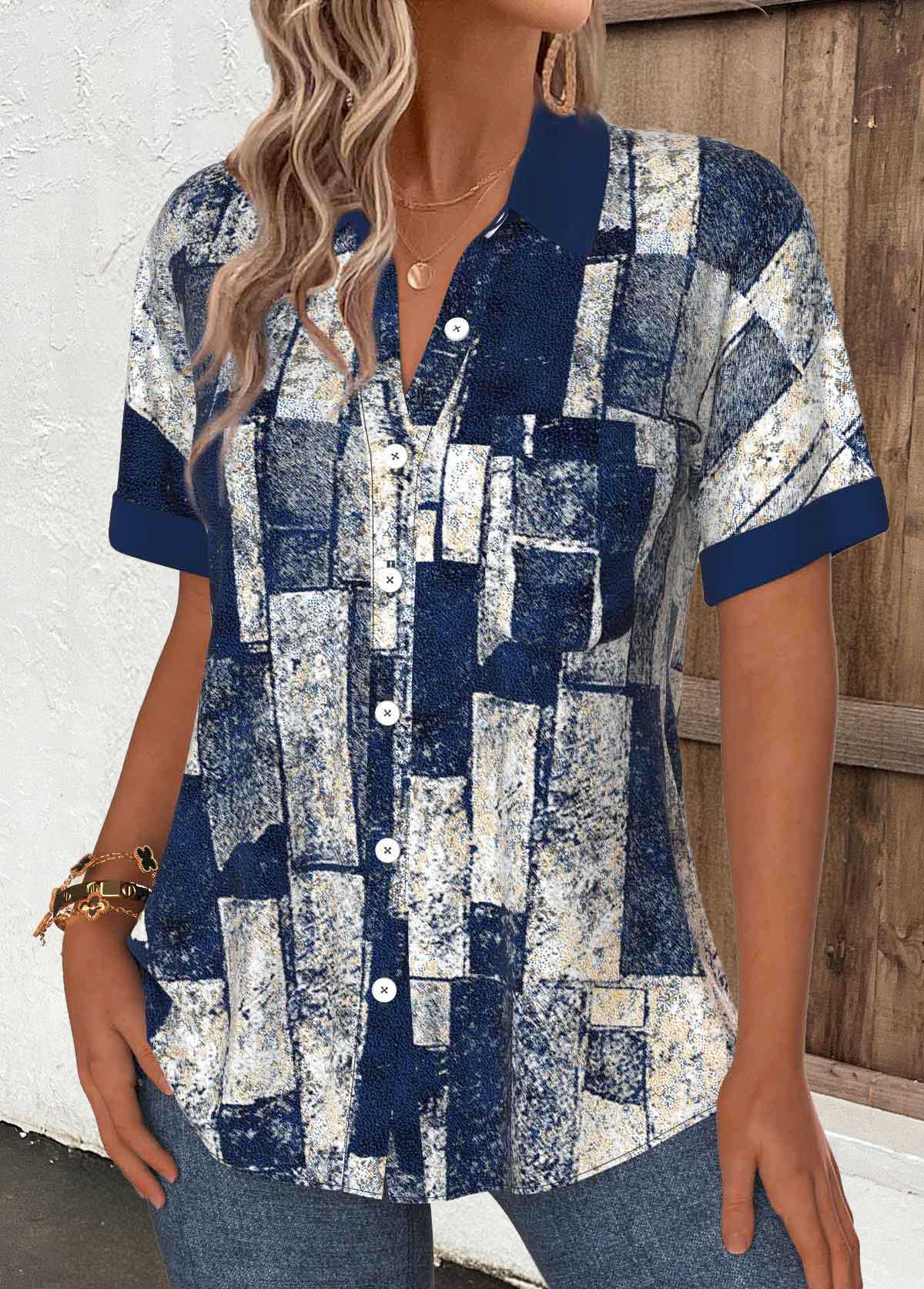 Navy Tummy Coverage Geometric Print Short Sleeve Shirt | picture 