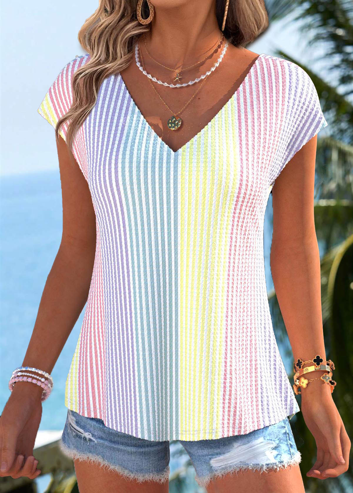Multi Color Bowknot Striped Short Sleeve T Shirt | picture 