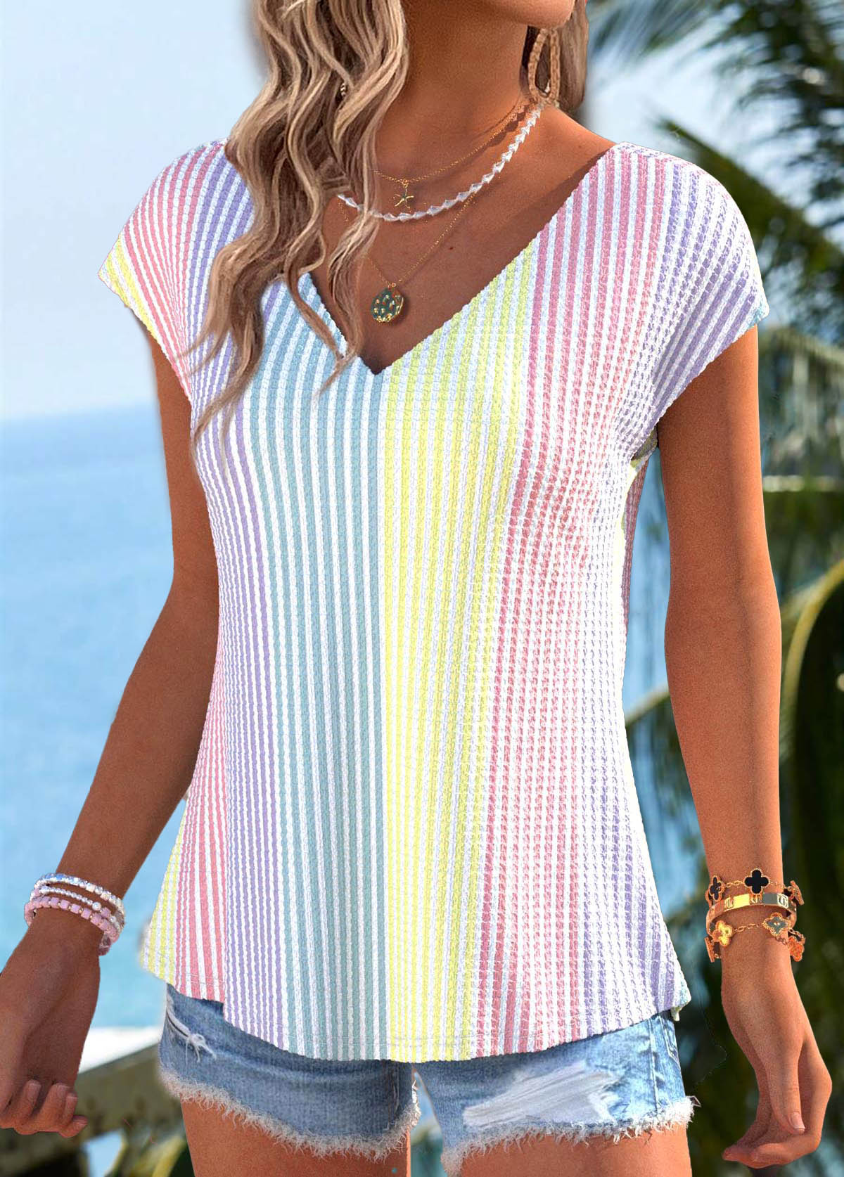Multi Color Bowknot Striped Short Sleeve T Shirt | picture 