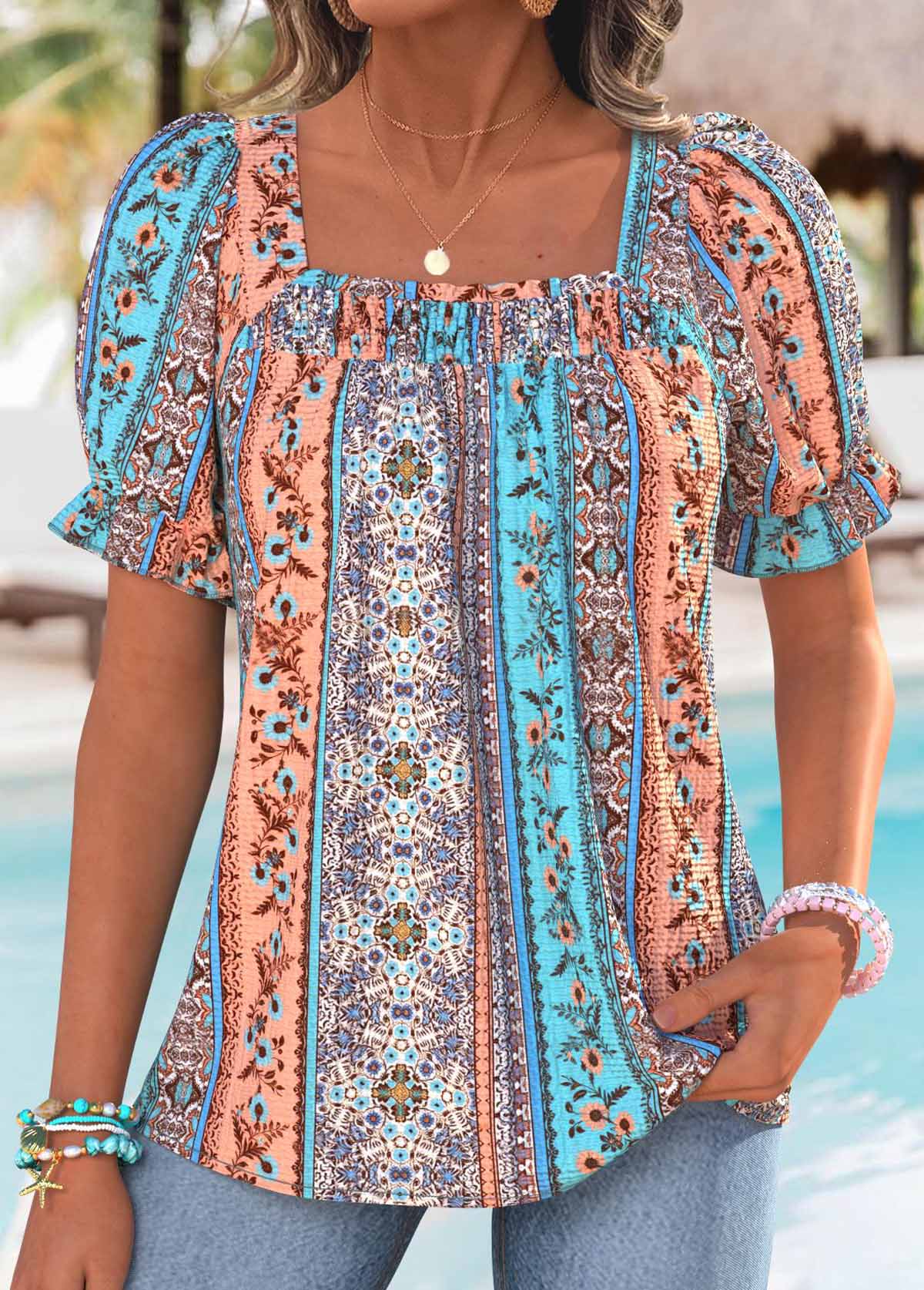 Multi Color Patchwork Tribal Print Short Sleeve Blouse | picture 