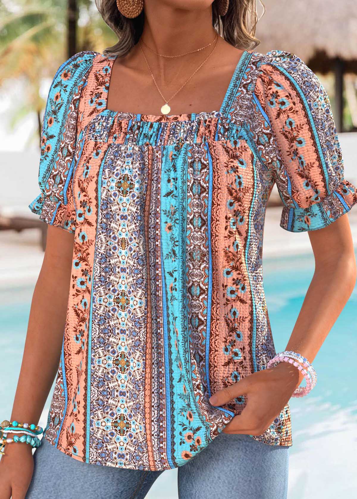 Multi Color Patchwork Tribal Print Short Sleeve Blouse | picture 