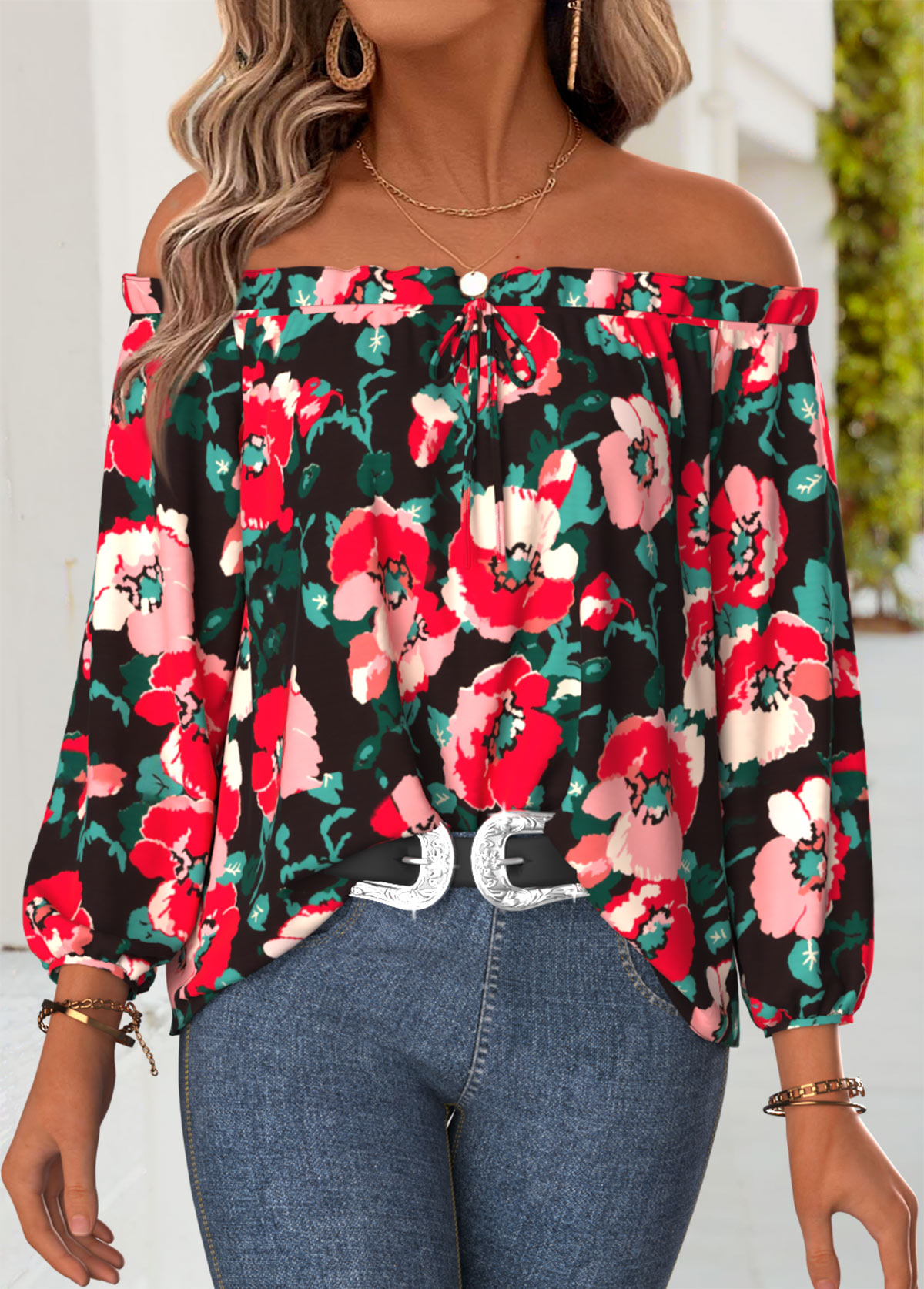 Multi Color Frill Floral Print Long Sleeve Blouse | picture 
