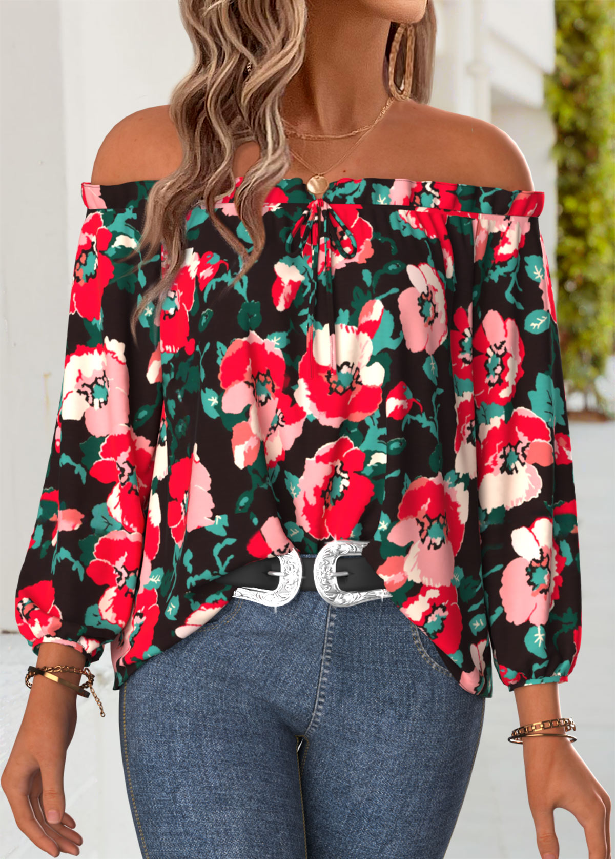 Multi Color Frill Floral Print Long Sleeve Blouse | picture 
