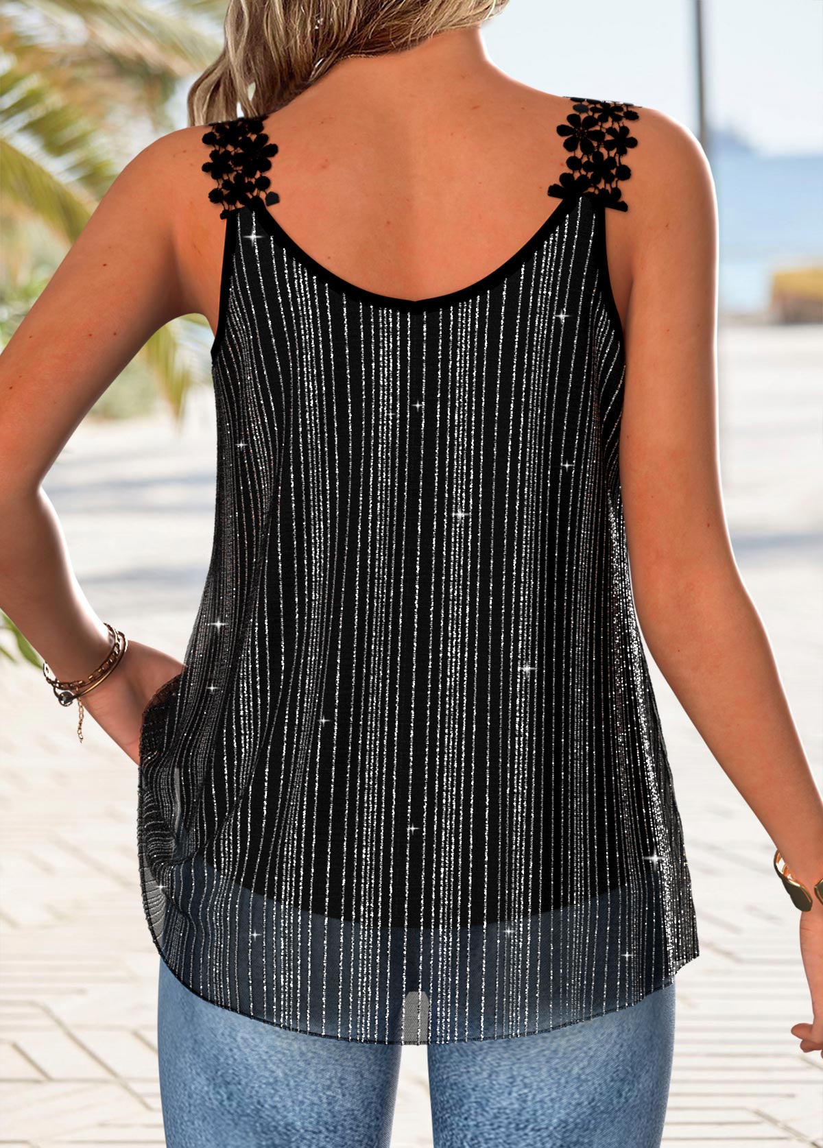 Black Tummy Coverage Strappy Scoop Neck Tank Top | picture 