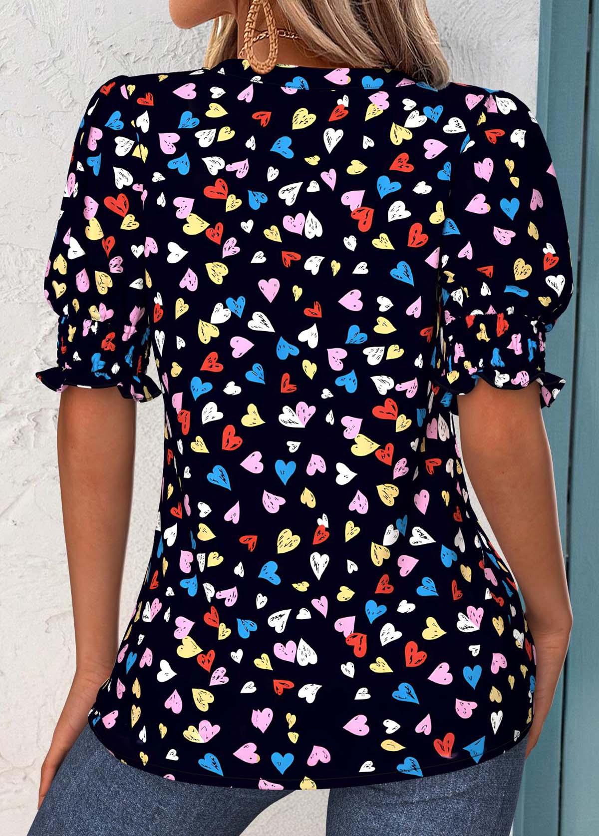 Multi Color Tummy Coverage Heart Print Short Sleeve Blouse | picture 