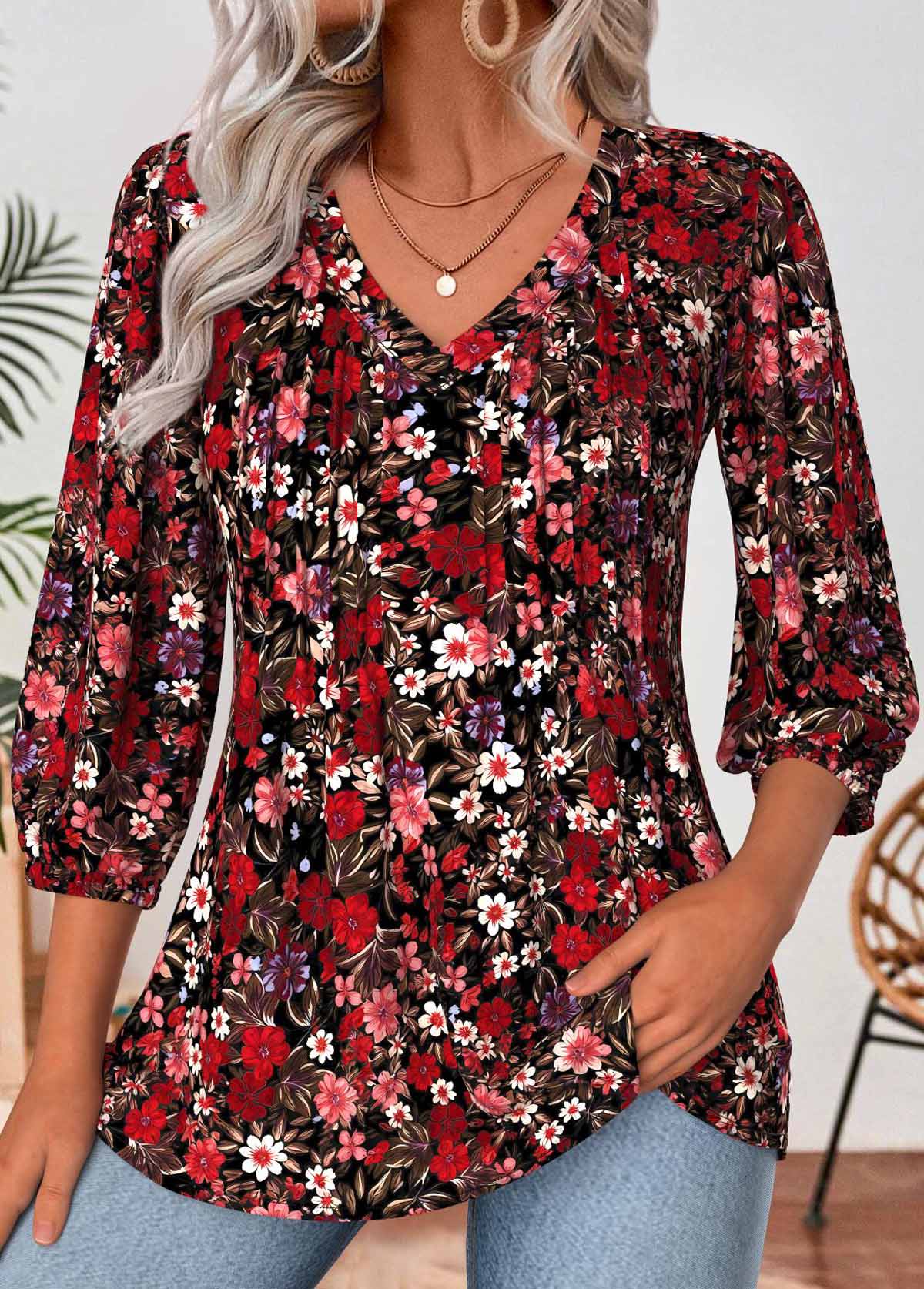 Deep Red Tummy Coverage Floral Print 3/4 Sleeve Blouse | picture 