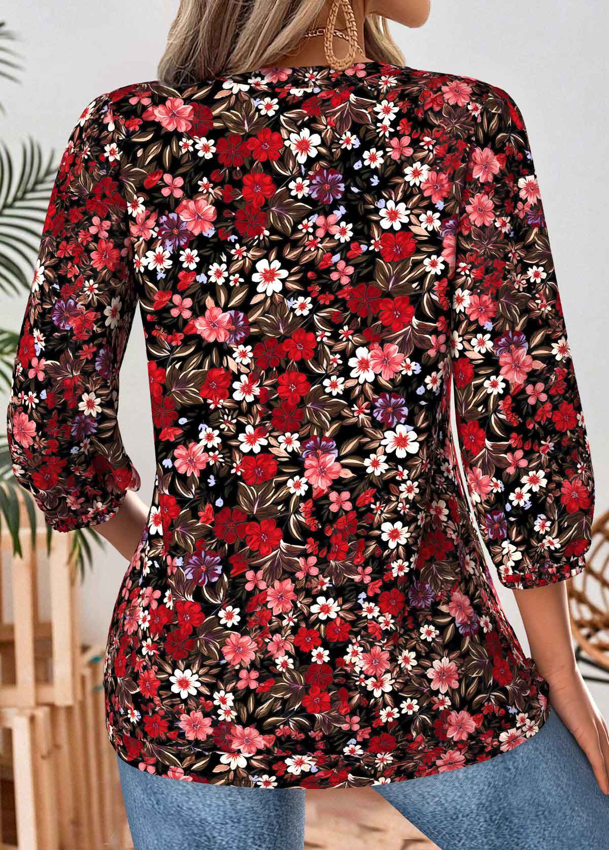 Deep Red Tummy Coverage Floral Print 3/4 Sleeve Blouse | picture 
