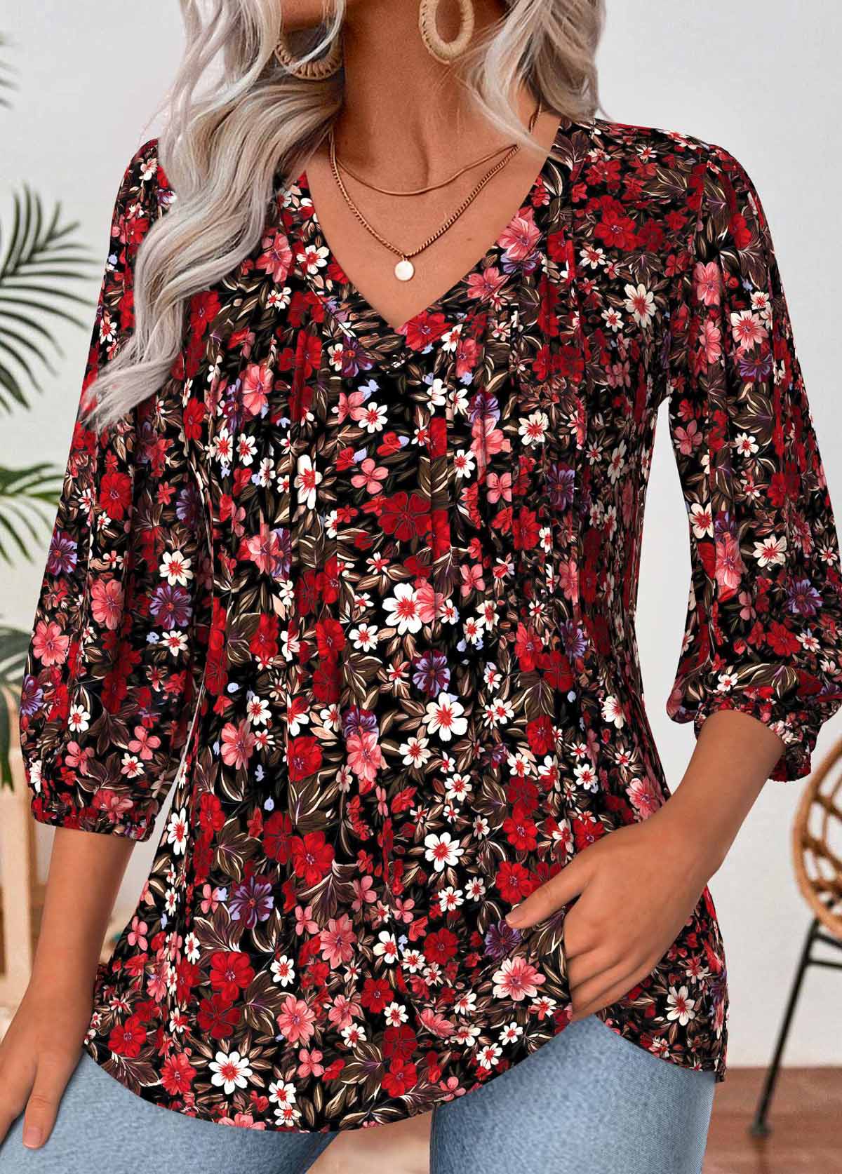 Deep Red Tummy Coverage Floral Print 3/4 Sleeve Blouse | picture 