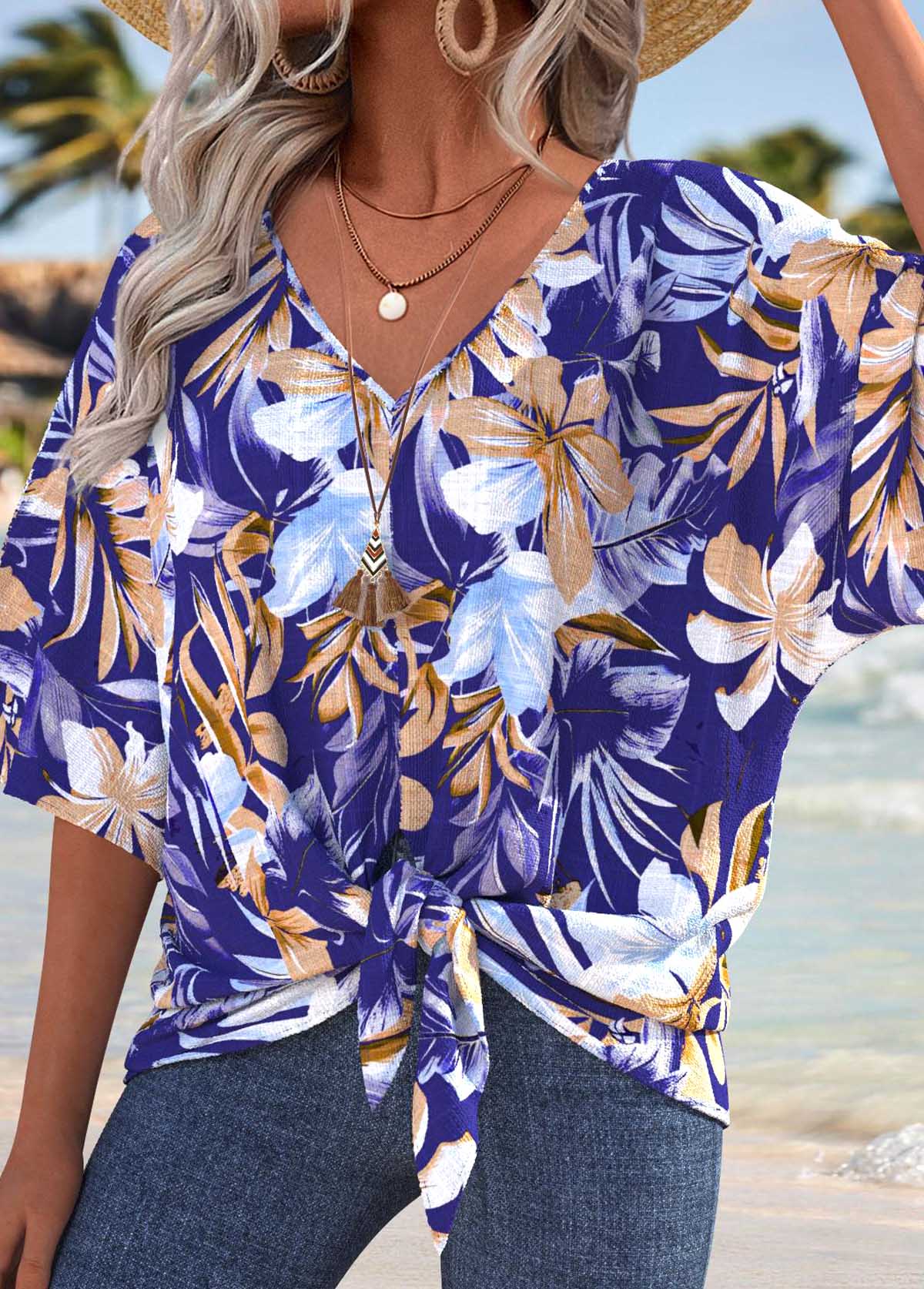 Purplish Blue Tummy Coverage Tropical Plants Print T Shirt | picture 